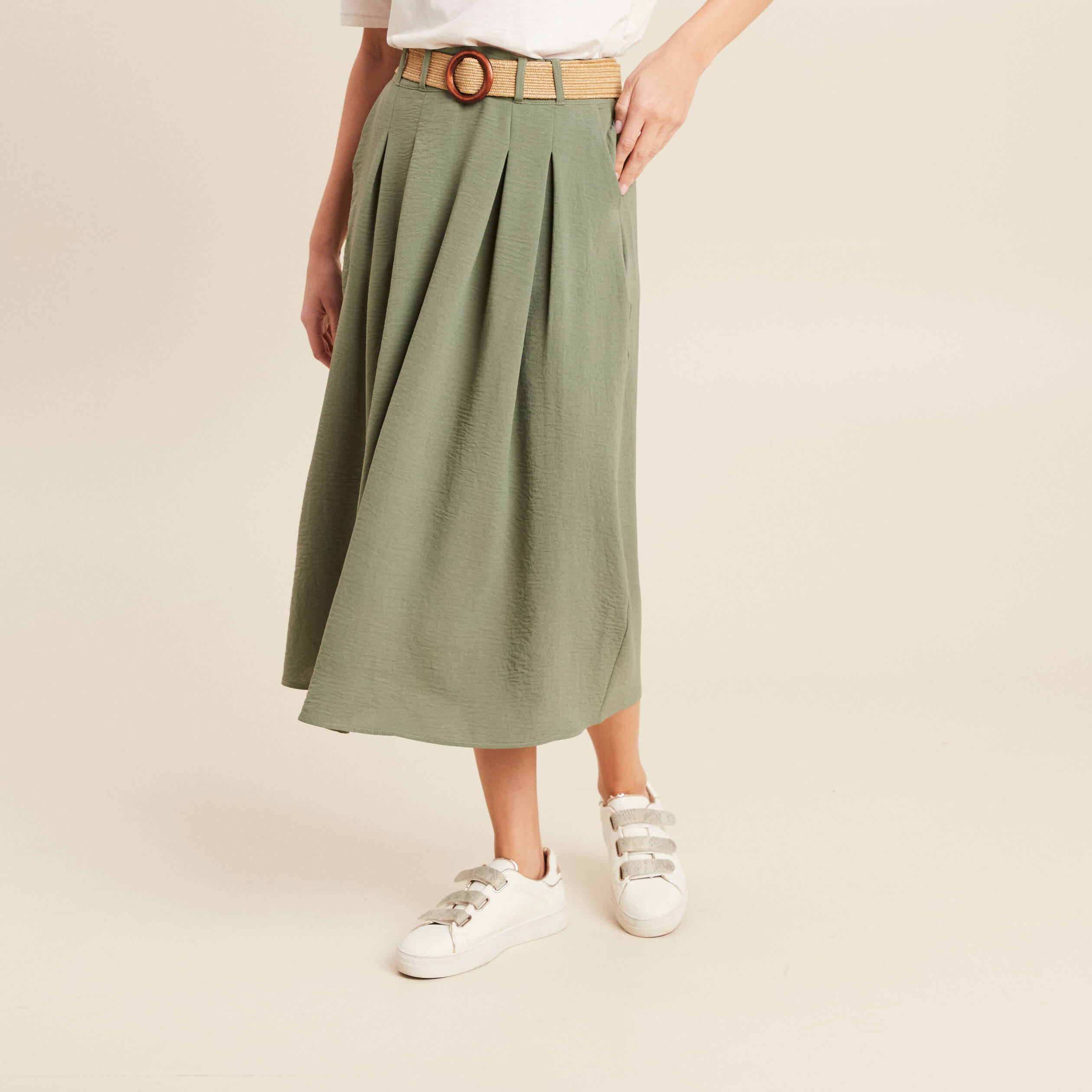 jupe longue evasee ceinturee vert kaki femme Jupe longue évasée ceinturée vert kaki femme