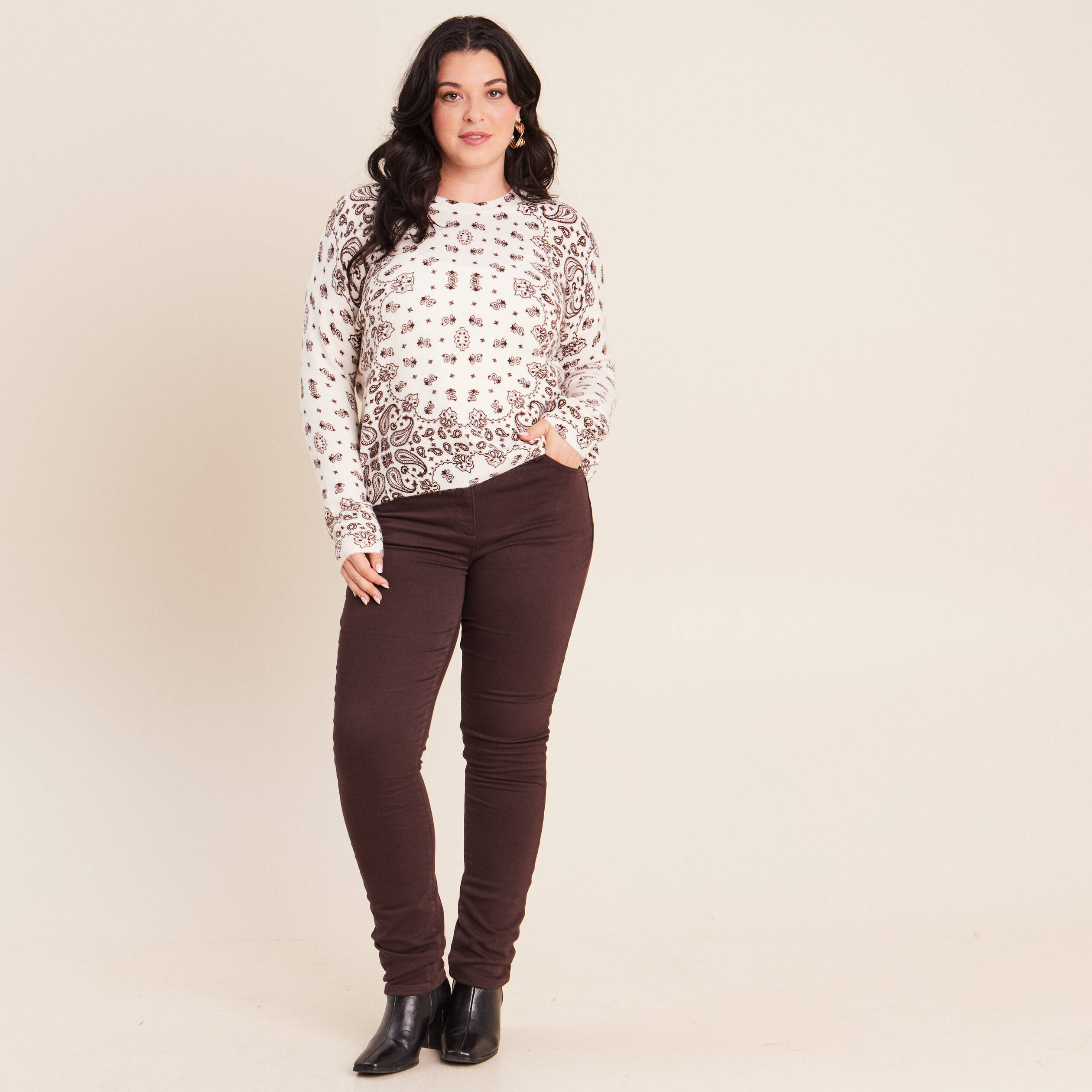 Pull col rond marron femme