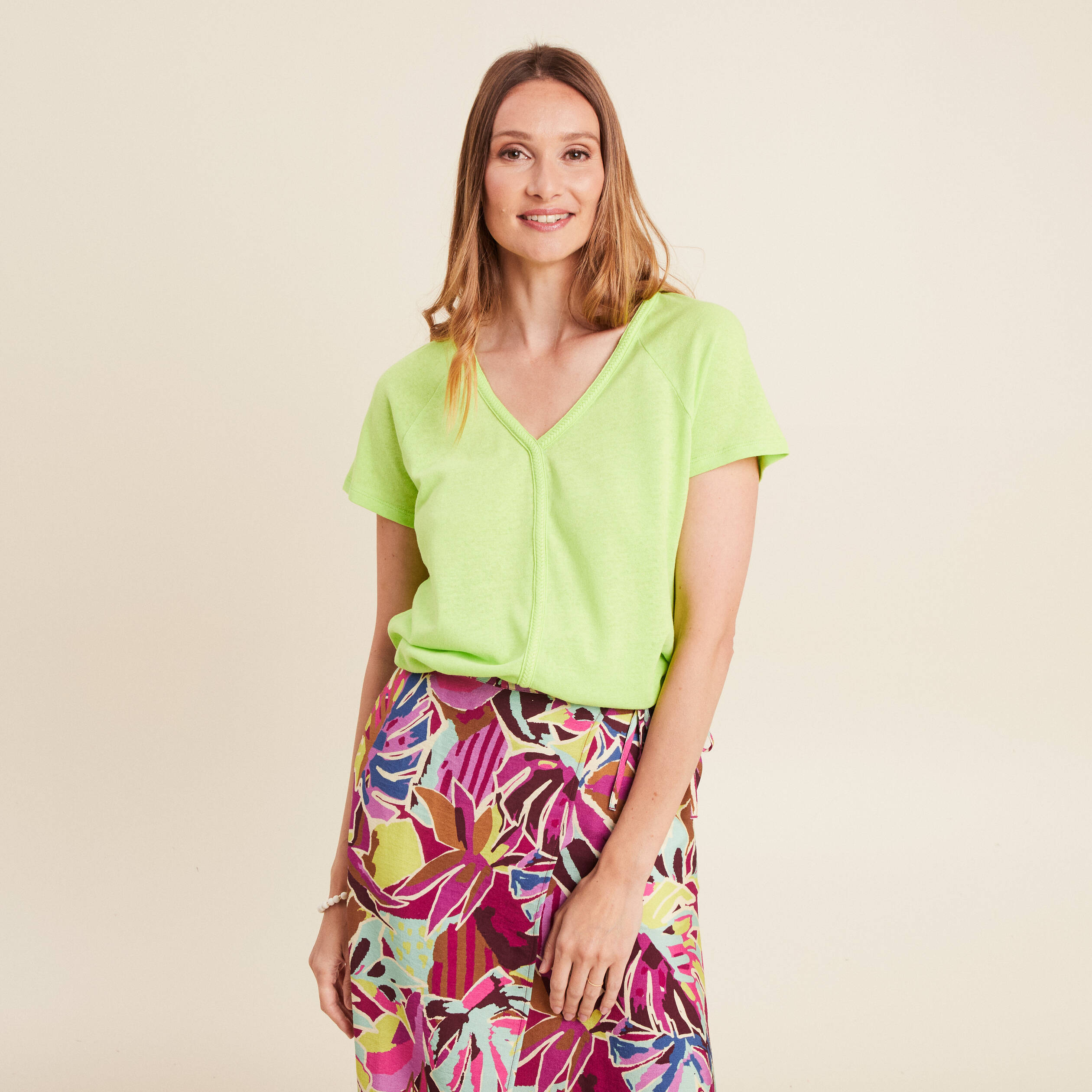 t shirt tresse manches courtes vert anis femme T-shirt tresse manches courtes vert anis femme
