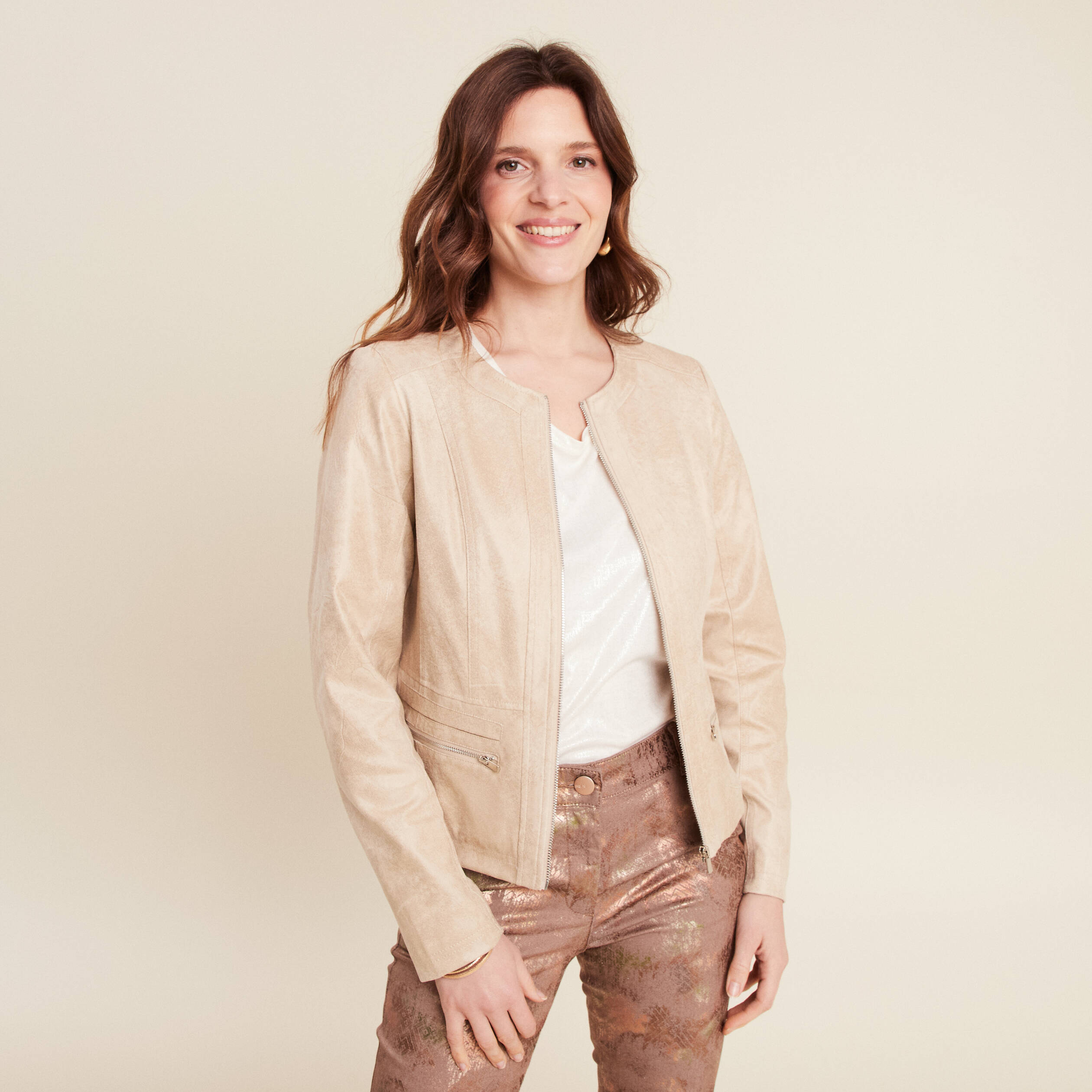 Veste suédine zippée beige femme