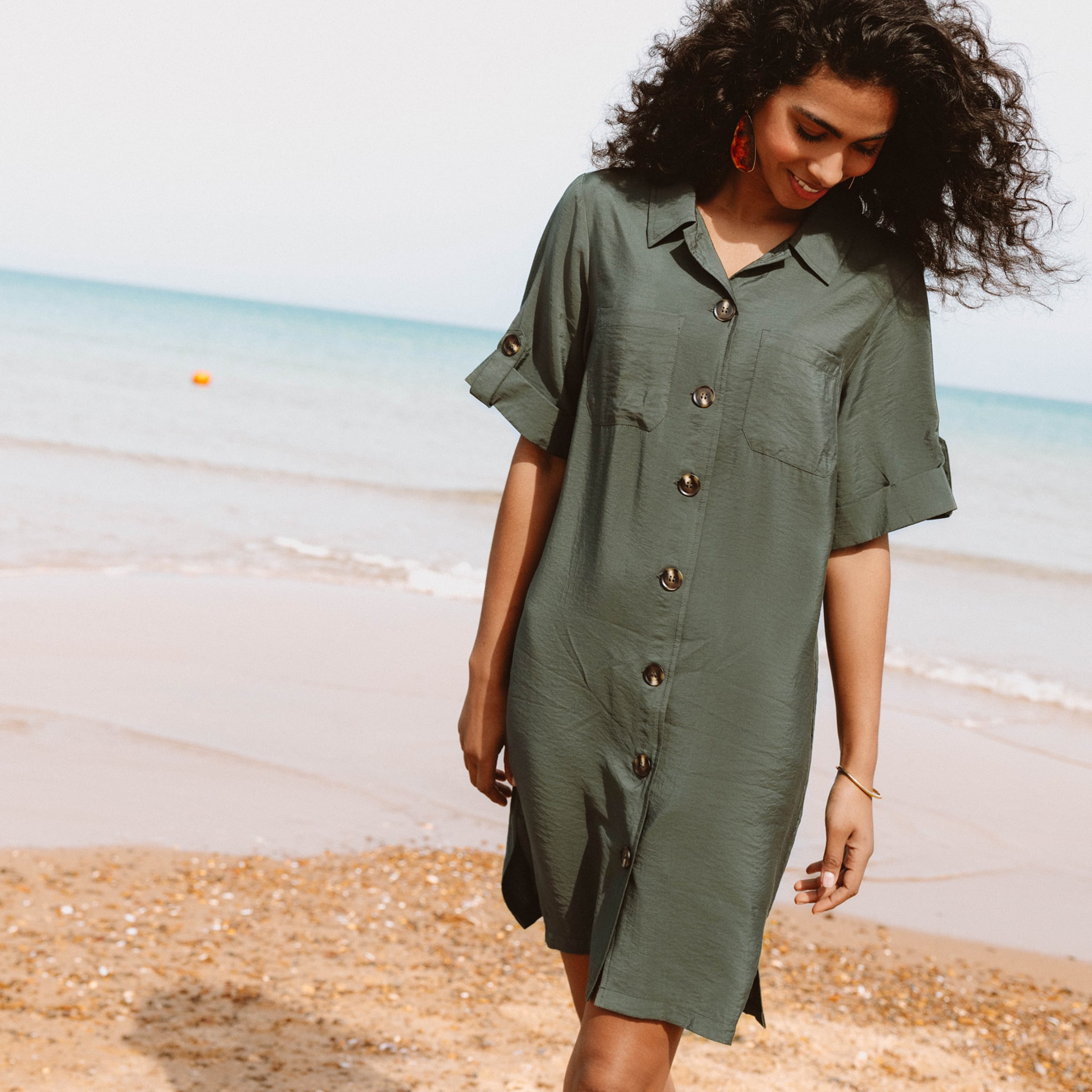 Robe droite courte col chemise vert kaki femme