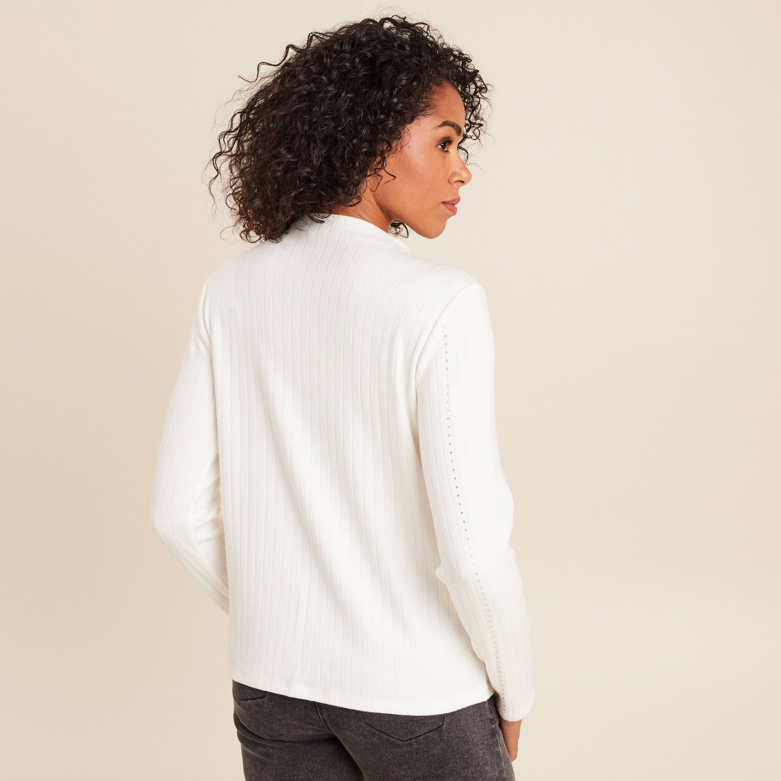T-shirt manches longues col montant blanc femme