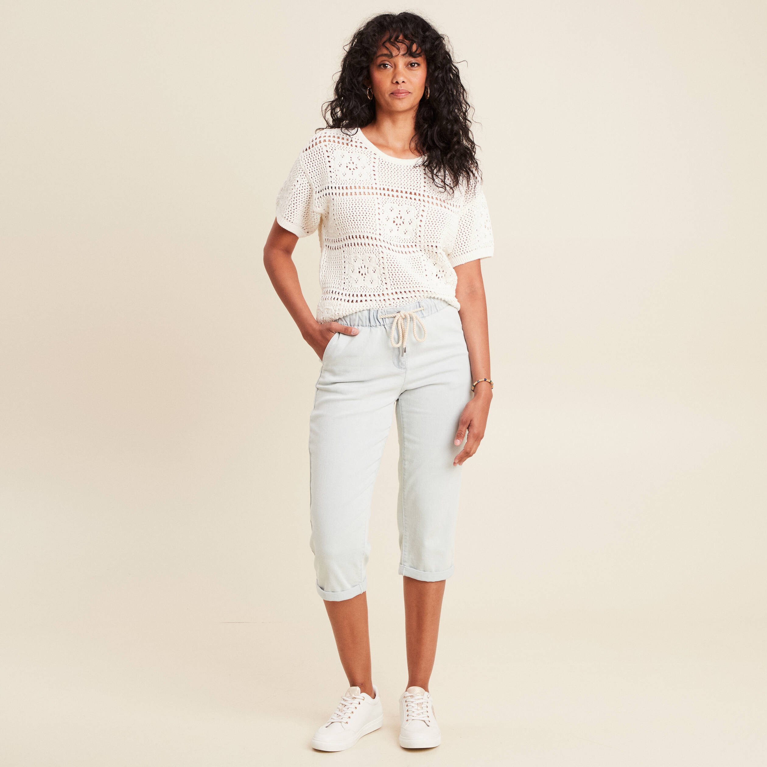 pantalon jogpant 78eme en coton denim bleach femme Pantalon jogpant 7/8ème en coton denim bleach femme