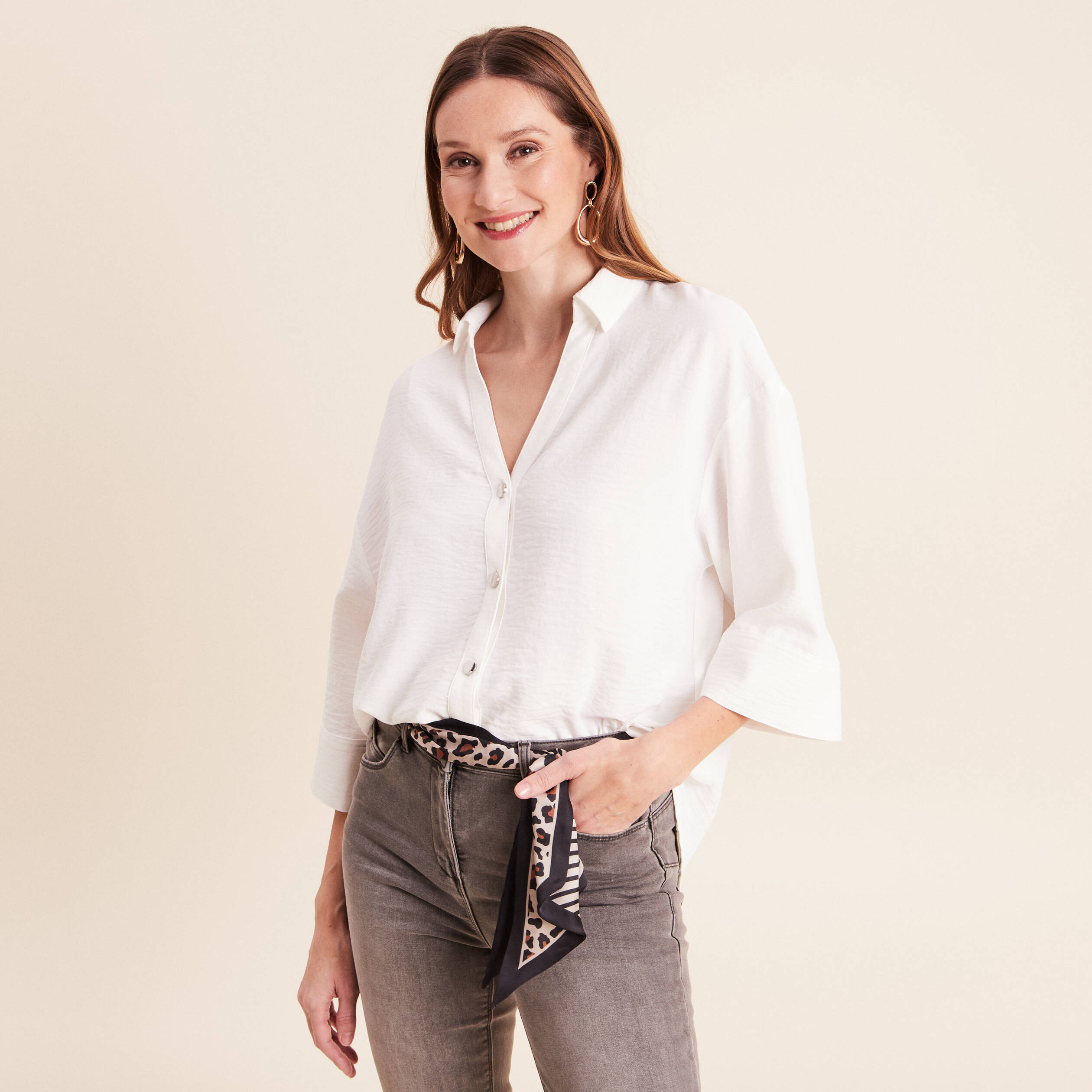 Chemise col chemise manches 3/4 ecru femme