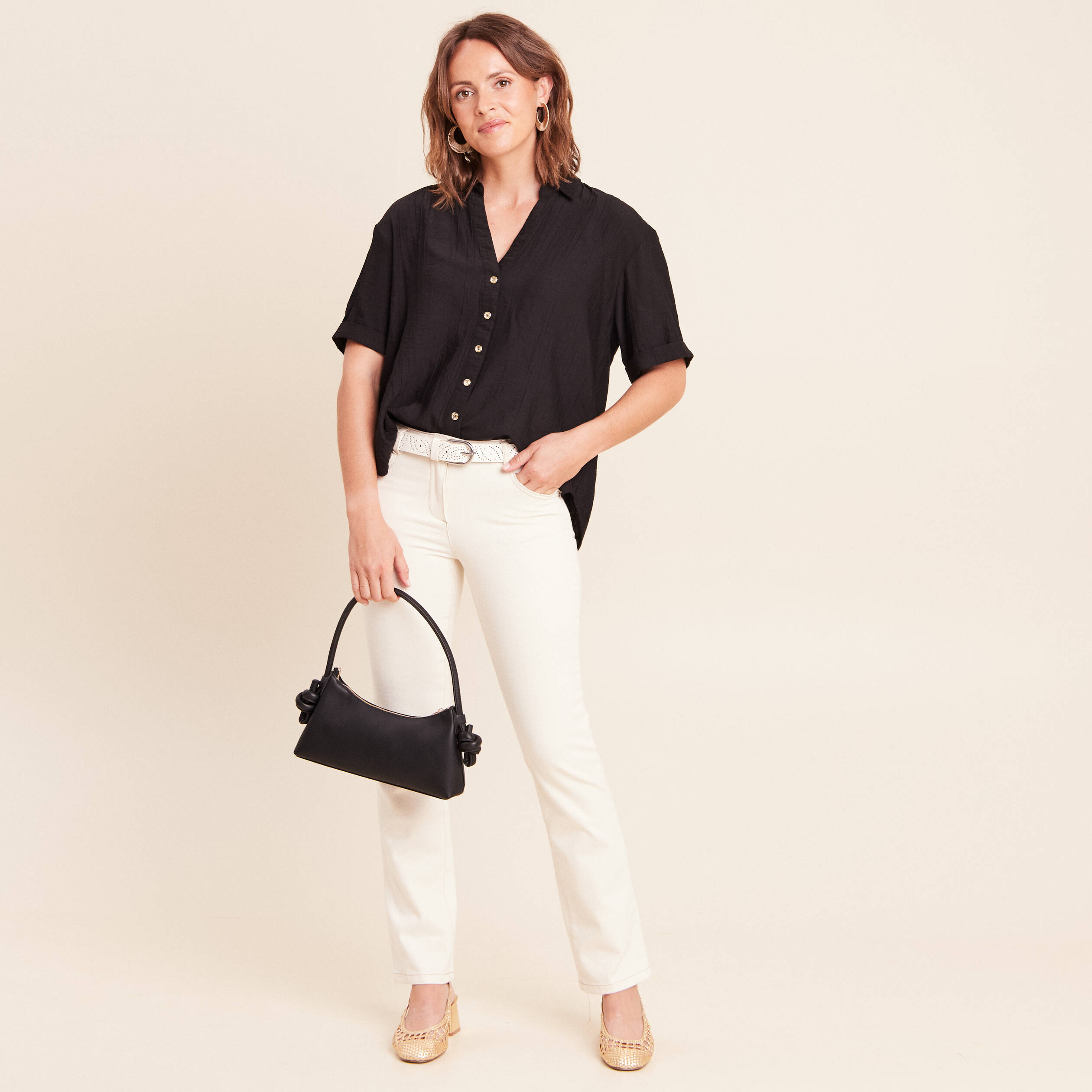 Chemise col chemise manches courtes noir femme