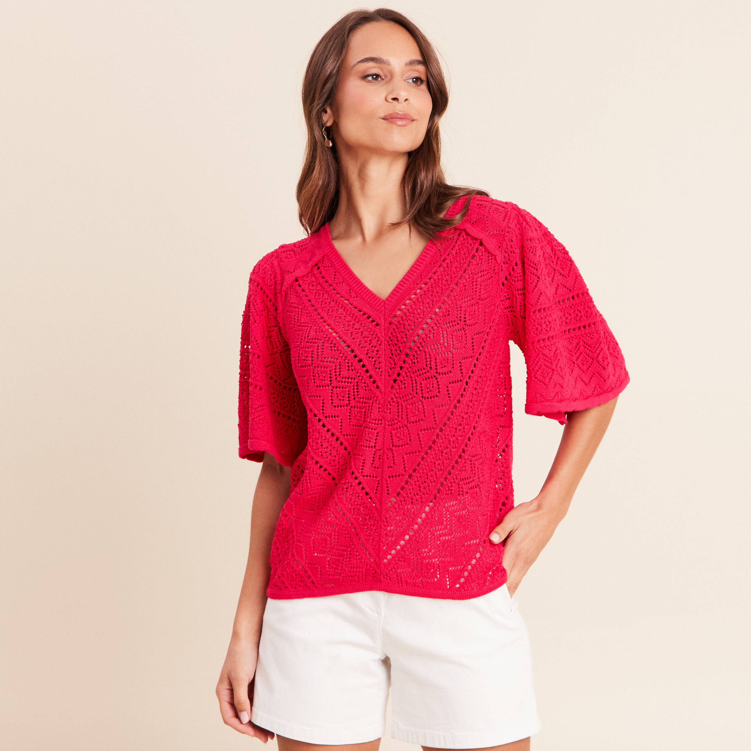 Pull ajour&eacute; col v manches courtes rose fushia femme