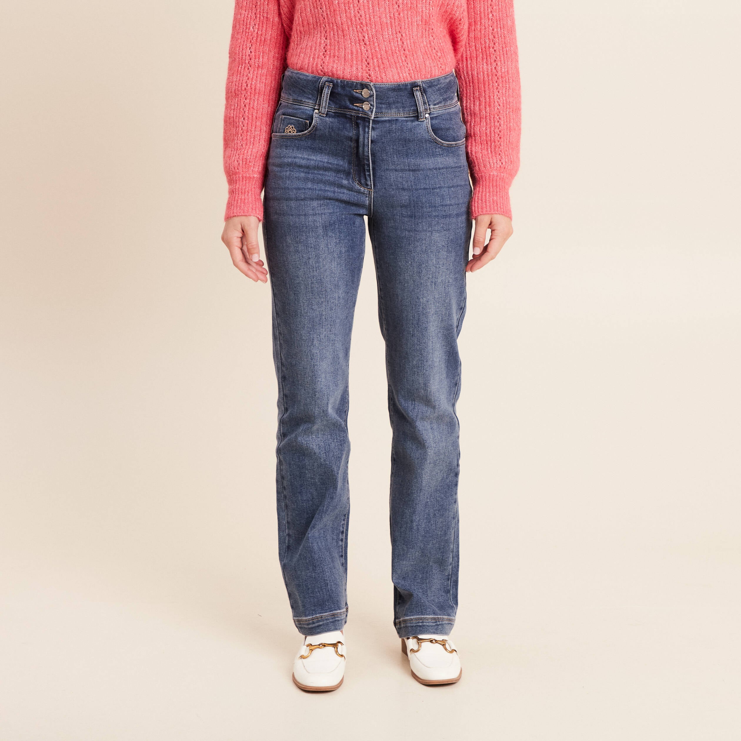 Jean coupe droite taille haute denim stone femme