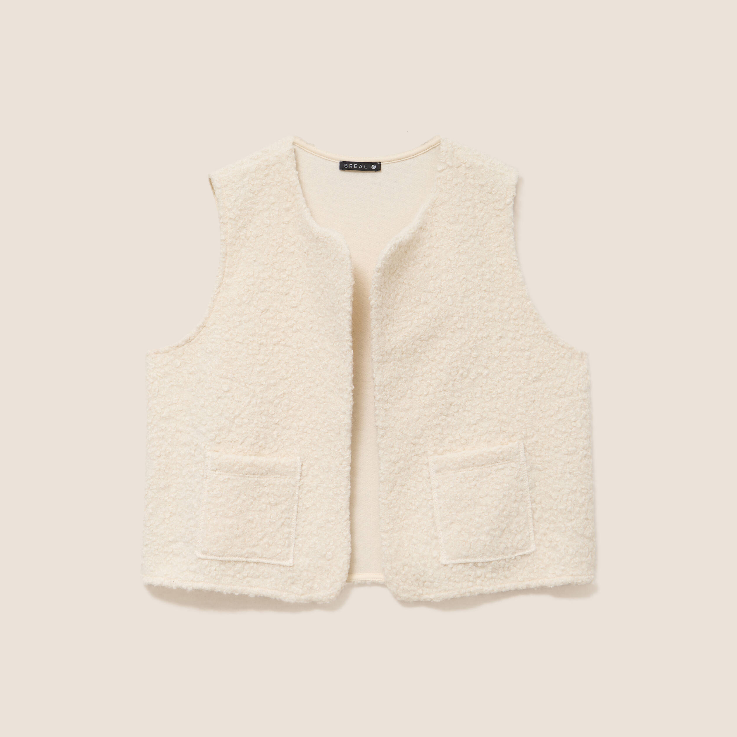 Gilet sans manches bouclette poches ecru femme
