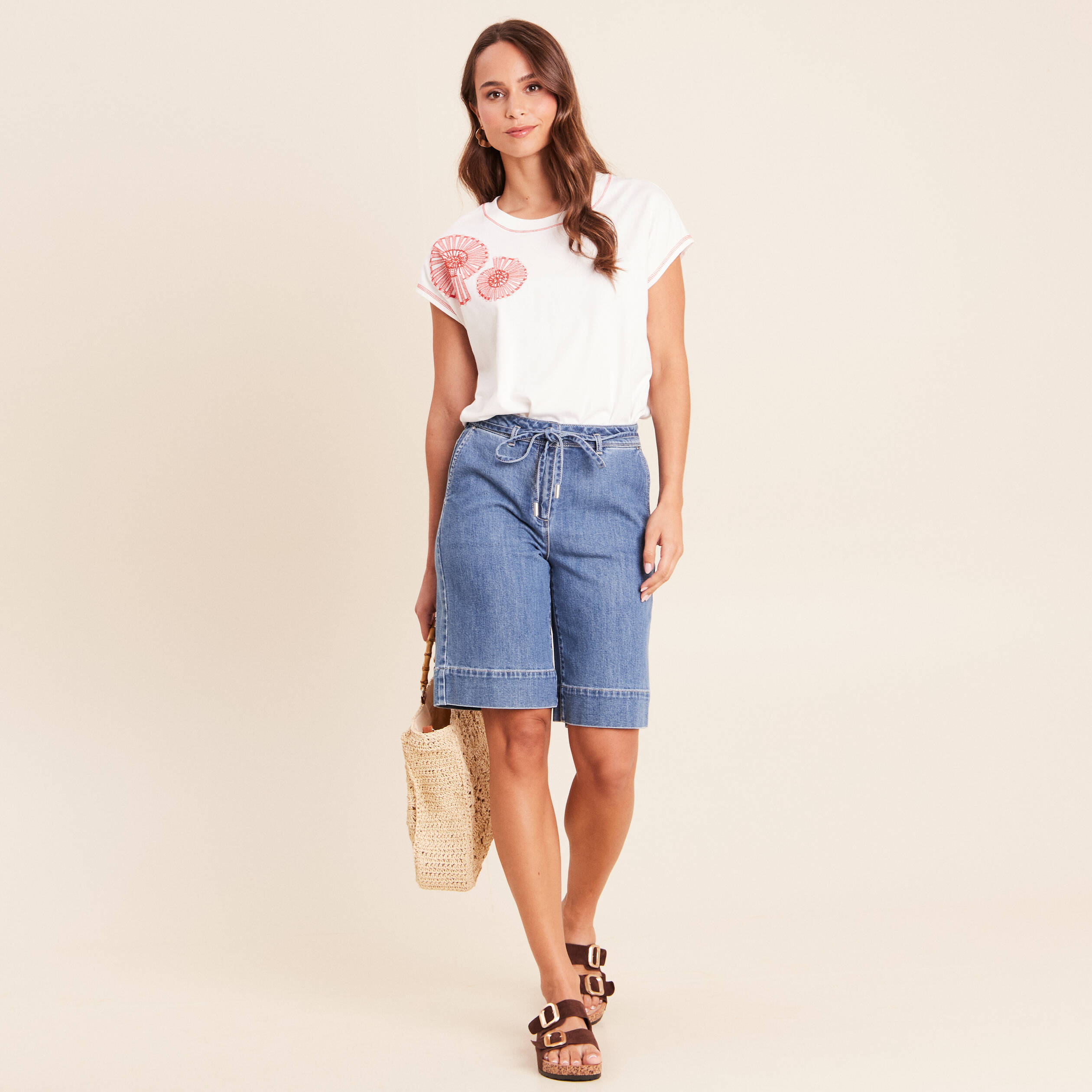 T-shirt col rond manches courtes ecru femme