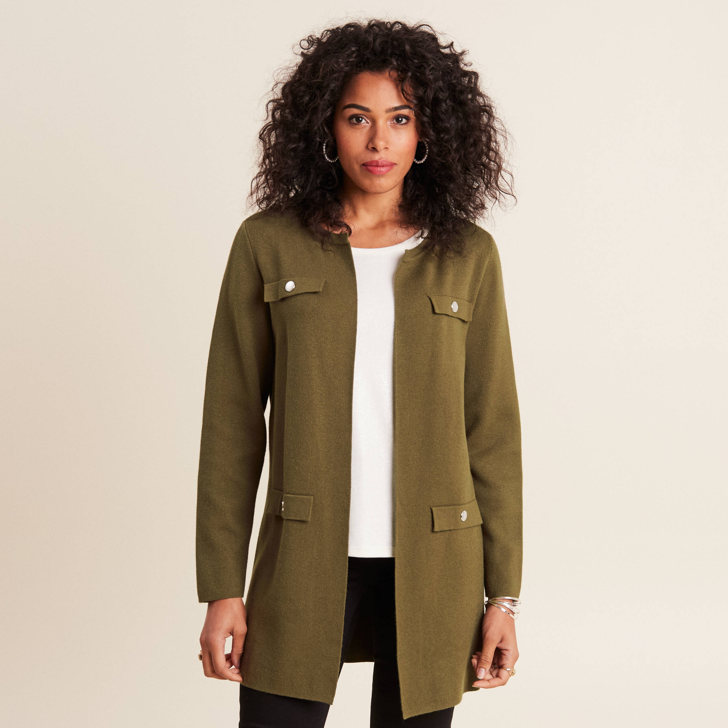 Gilet manches longues vert kaki femme
