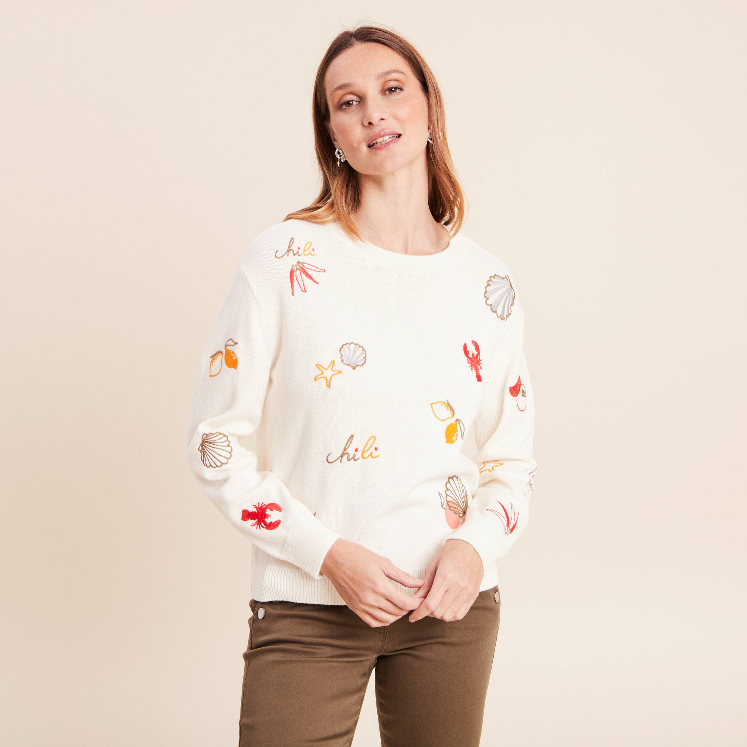 Pull col rond manches longues rouge femme