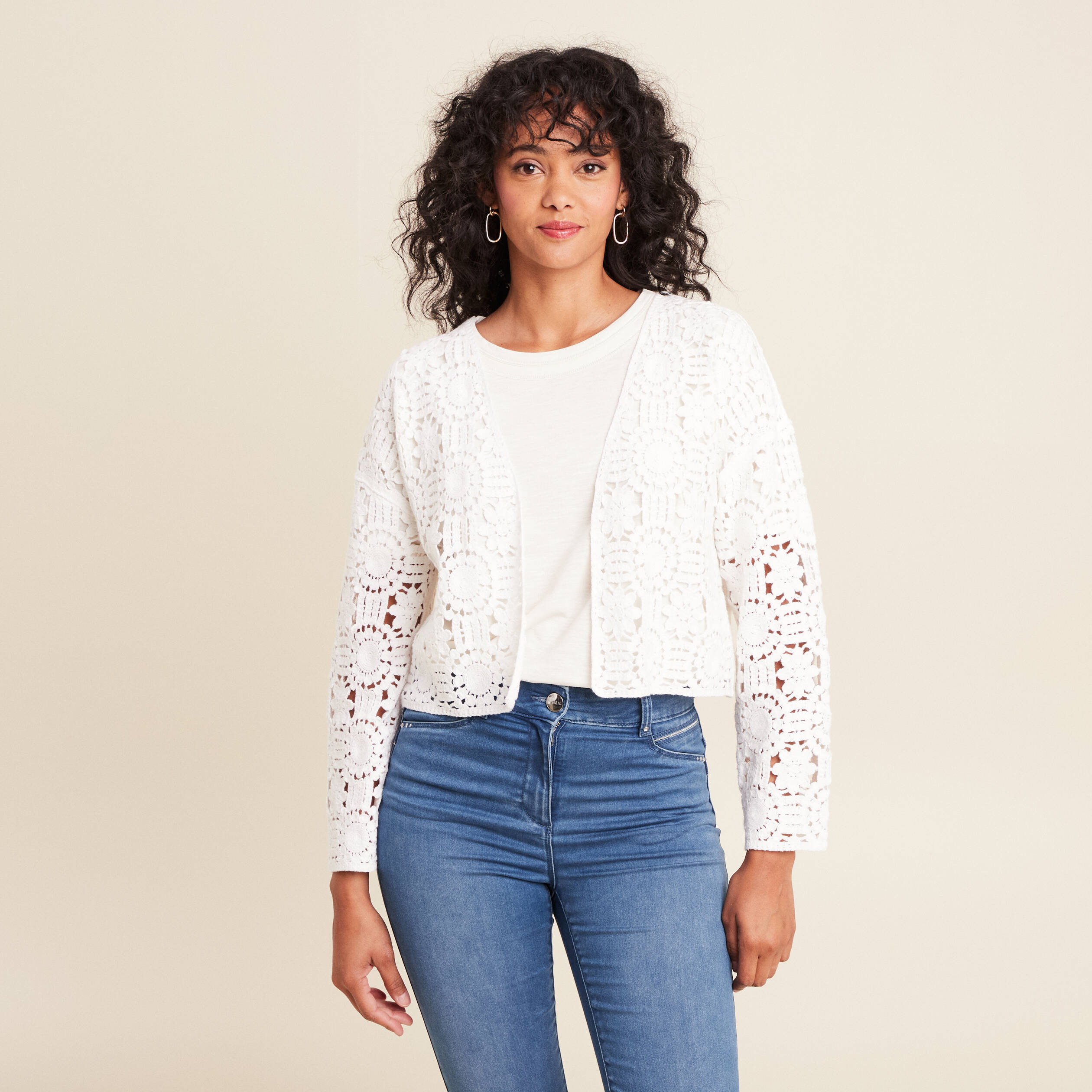 Gilet court manches longues ecru femme