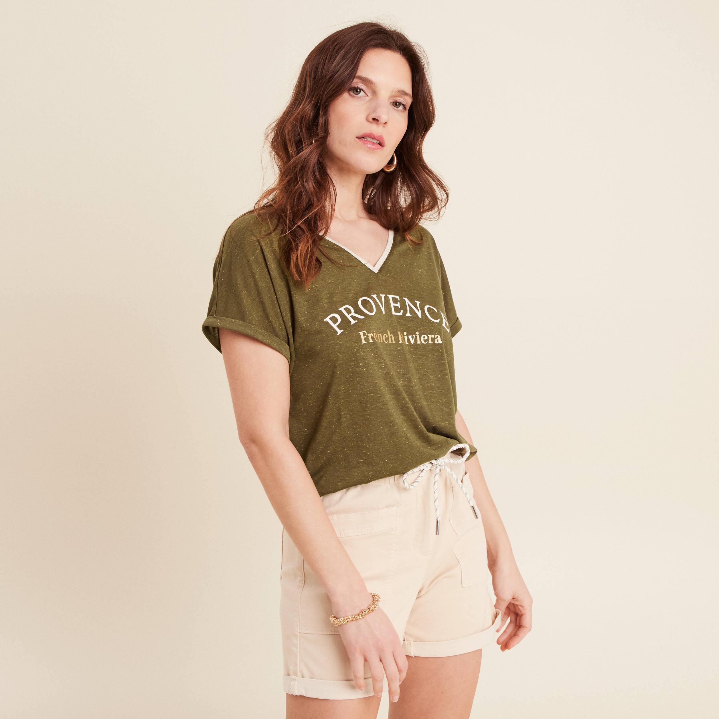 T-shirt manches courtes vert olive femme