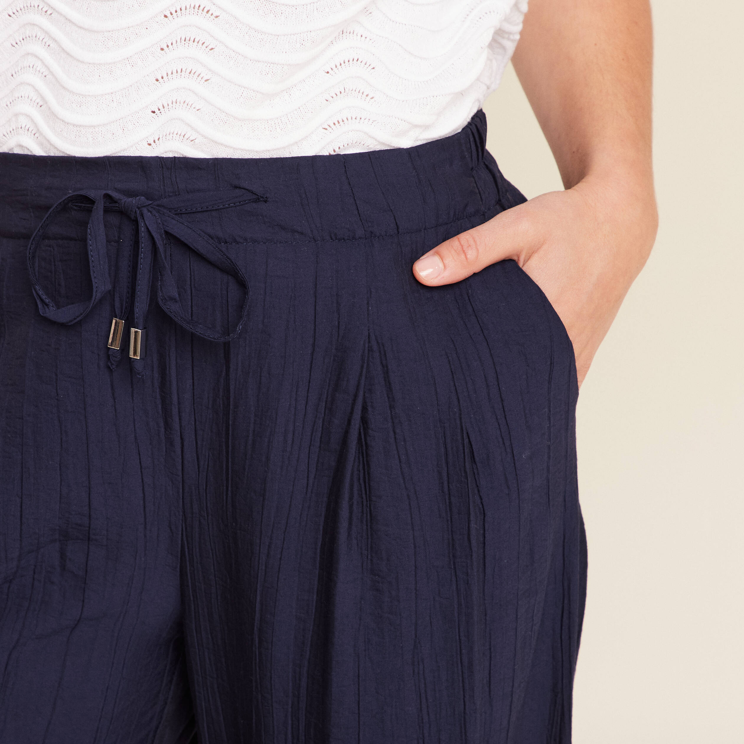 Pantalon fluide taille haute bleu marine femme