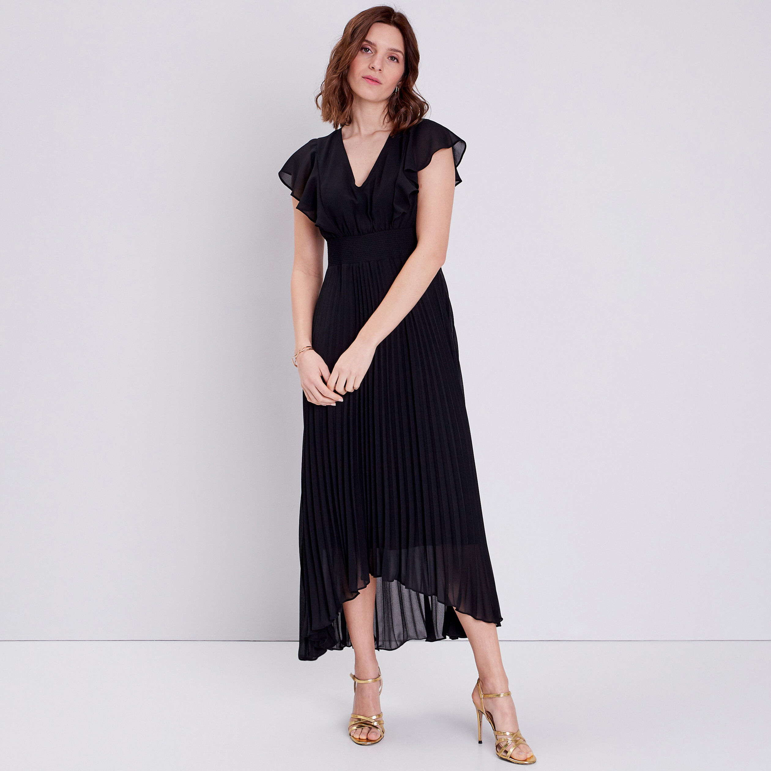 Robe longue évasée à volants noir femme