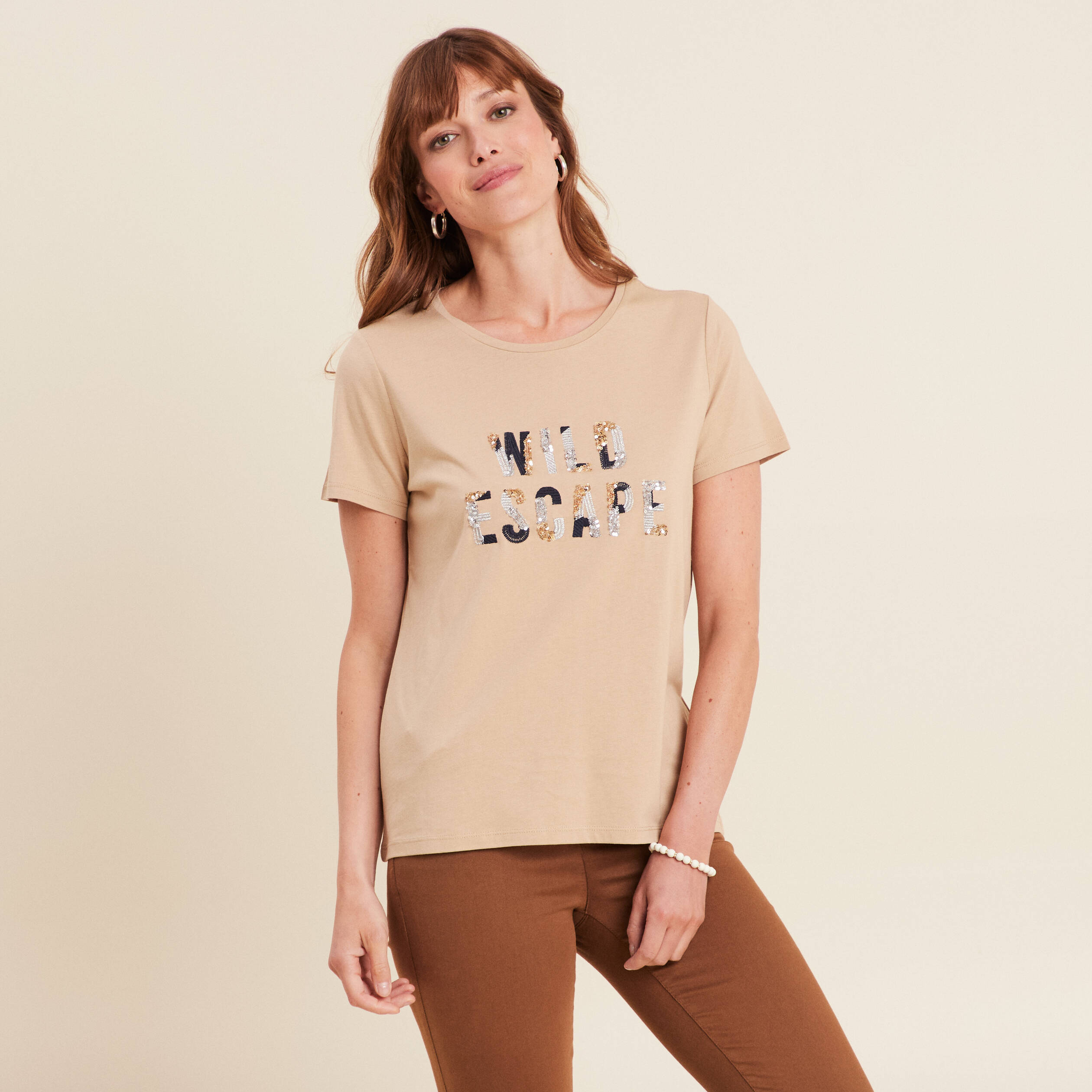 t shirt sequins manches courtes sable femme T-shirt sequins manches courtes sable femme