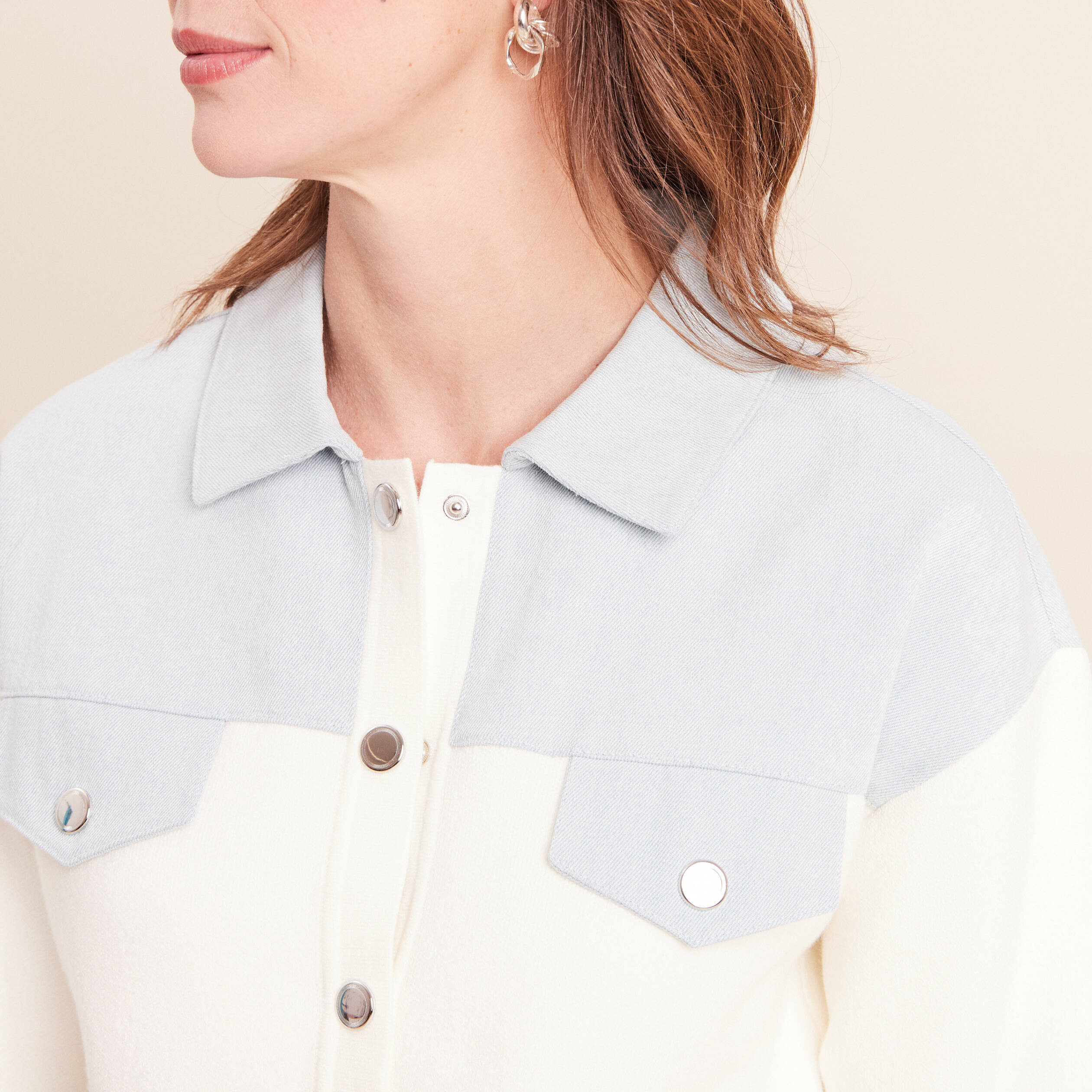 Gilet manches longues col chemise ecru femme