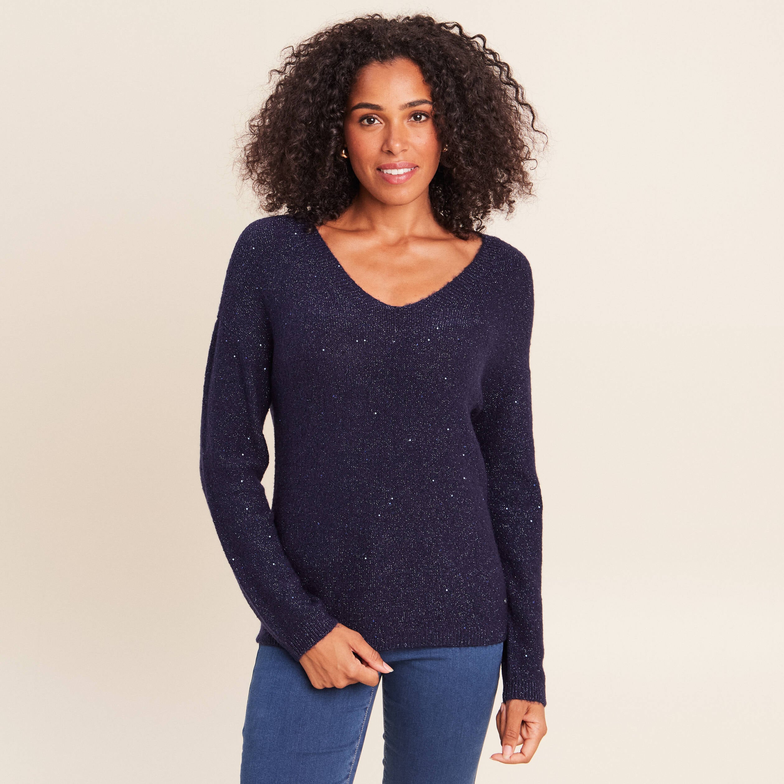 Pull col v manches longues &agrave; sequins bleu marine femme