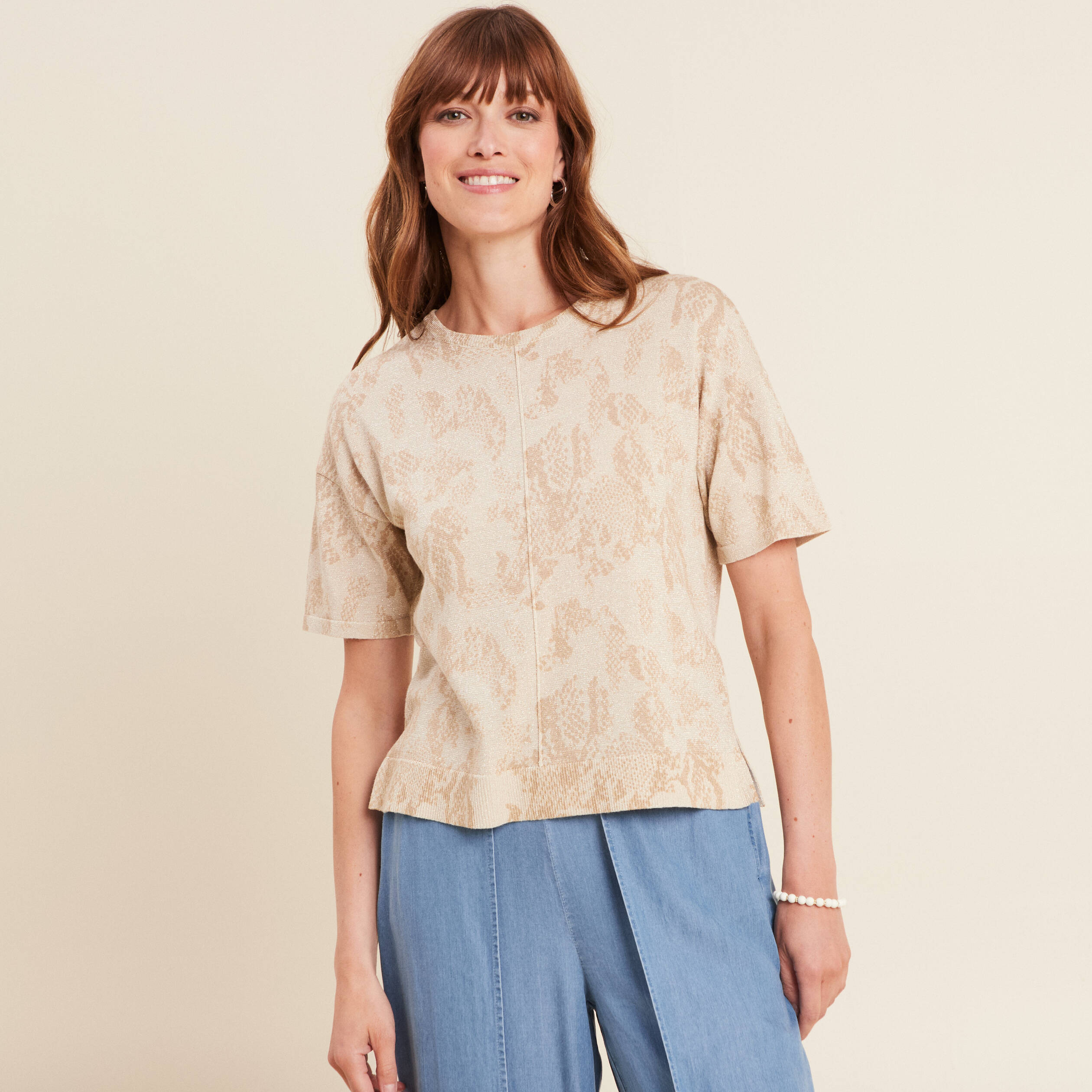 pull col rond manches courtes beige femme Pull col rond manches courtes beige femme