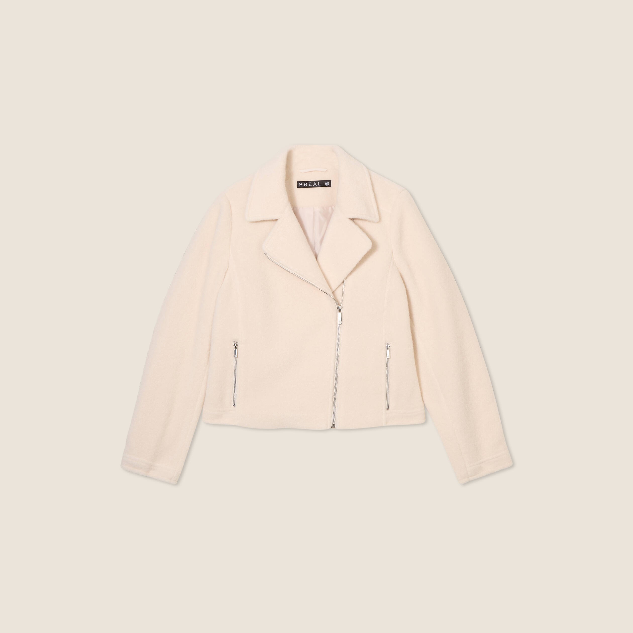 Veste esprit motard bouclette ecru femme