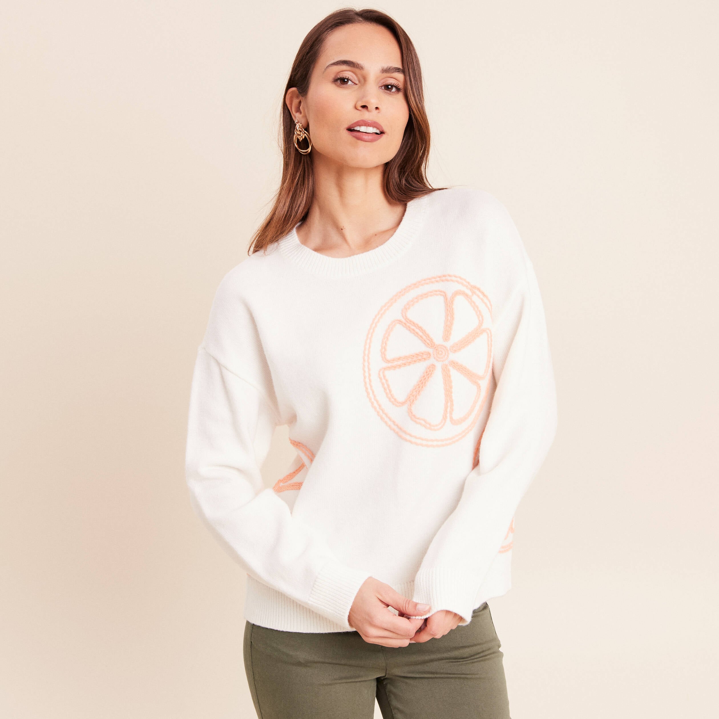 Pull droit col rond manches longues ecru femme