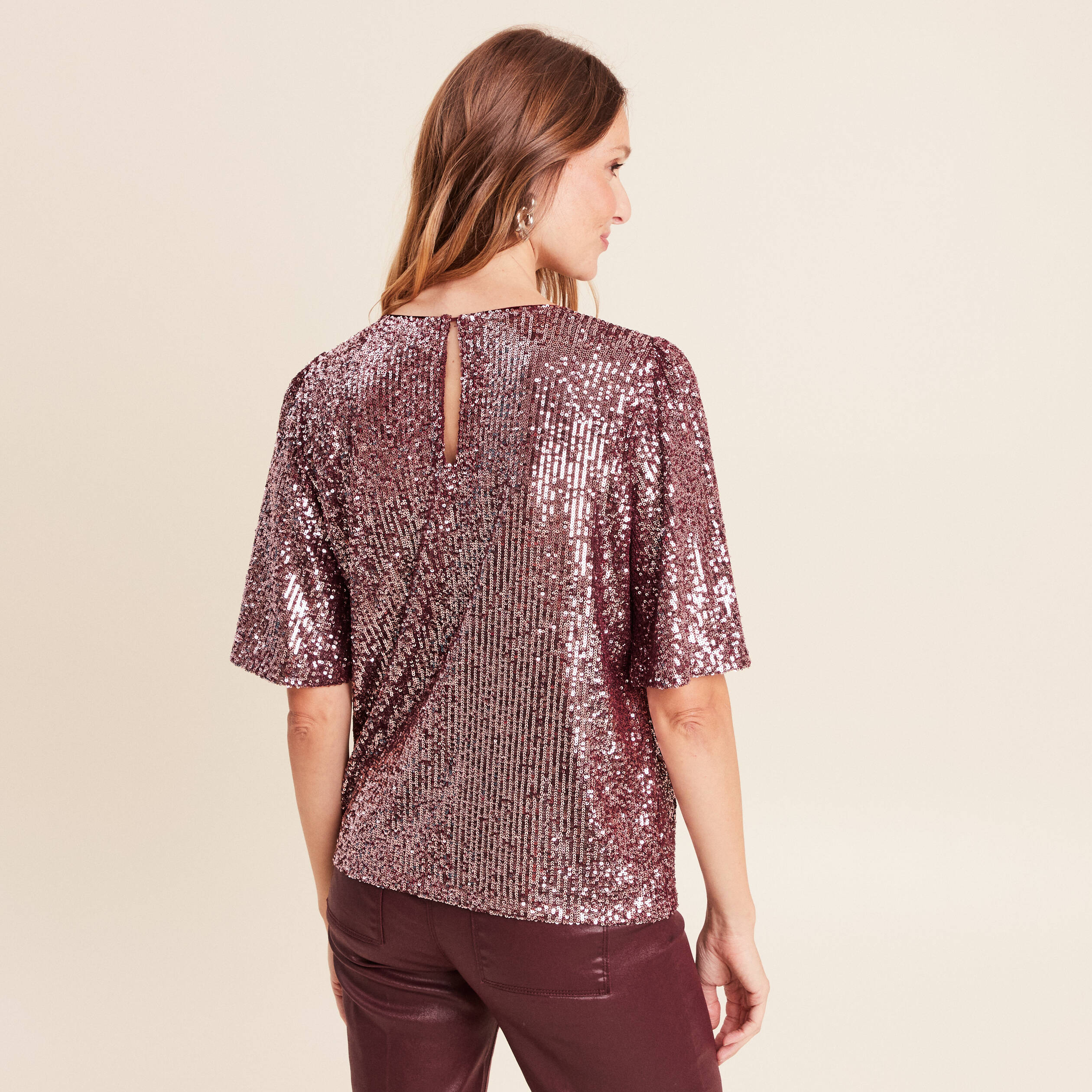 T-shirt &agrave; sequins manches coudes bordeaux femme