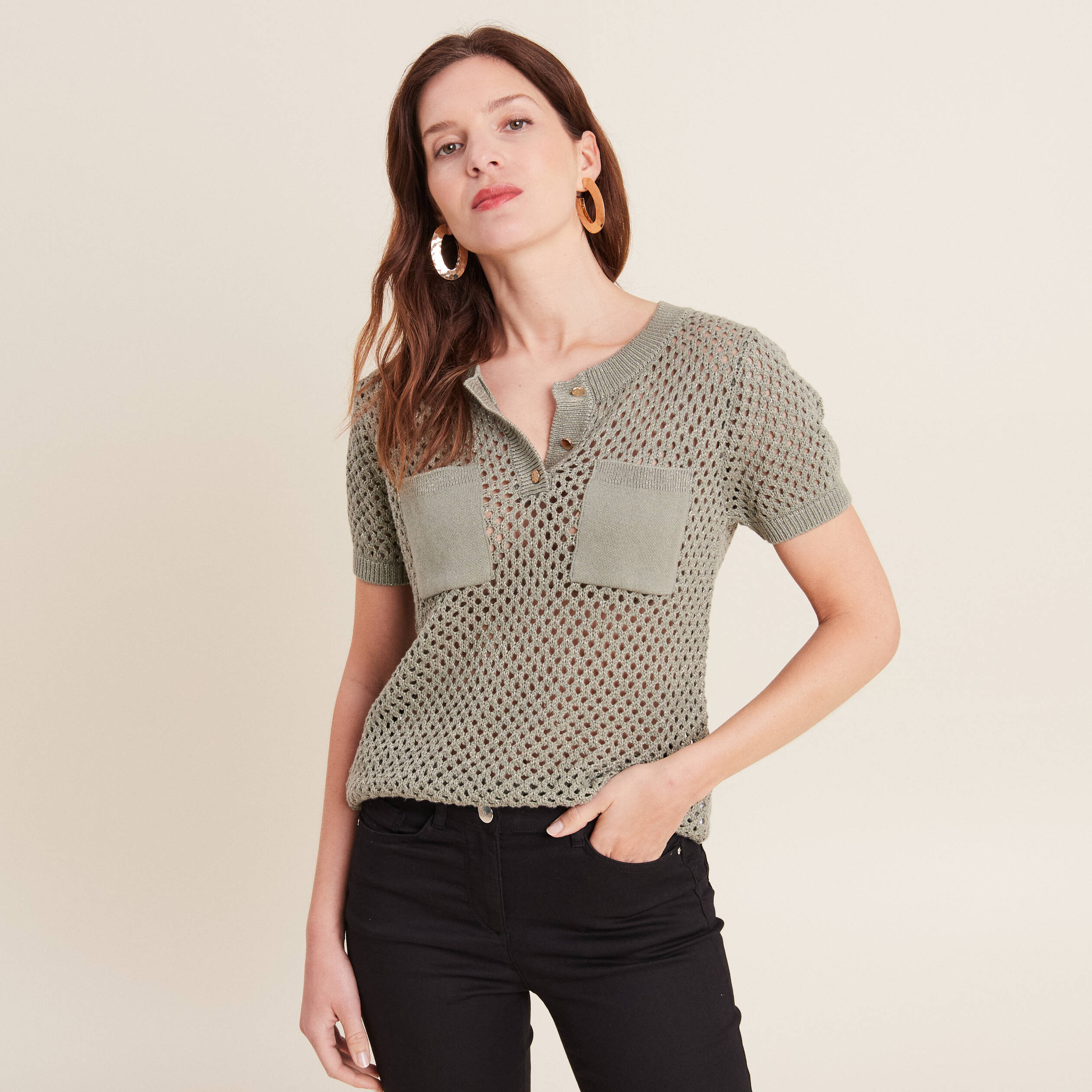 pull manches courtes ajoure vert clair femme Pull manches courtes ajouré vert clair femme