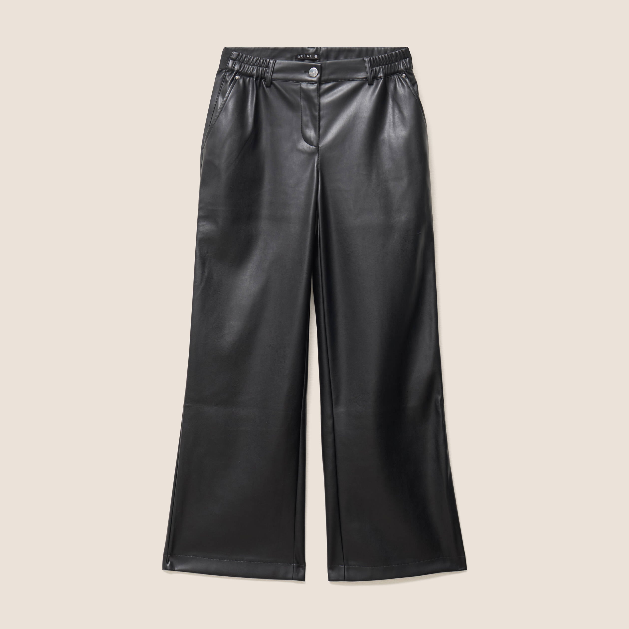 Pantalon taille bascul&eacute;e similicuir noir femme