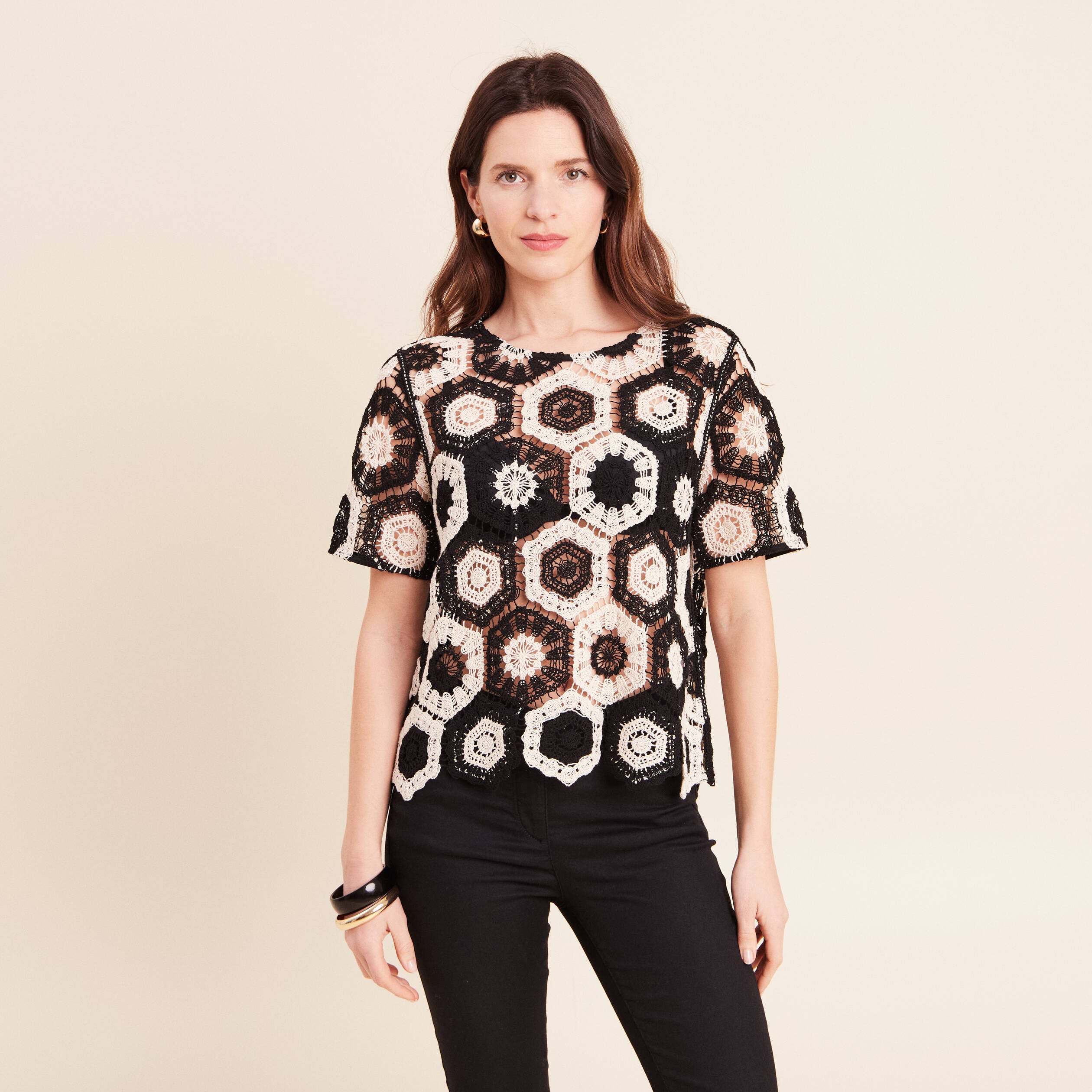 Blouse col rond manches courtes dentelle ecru femme