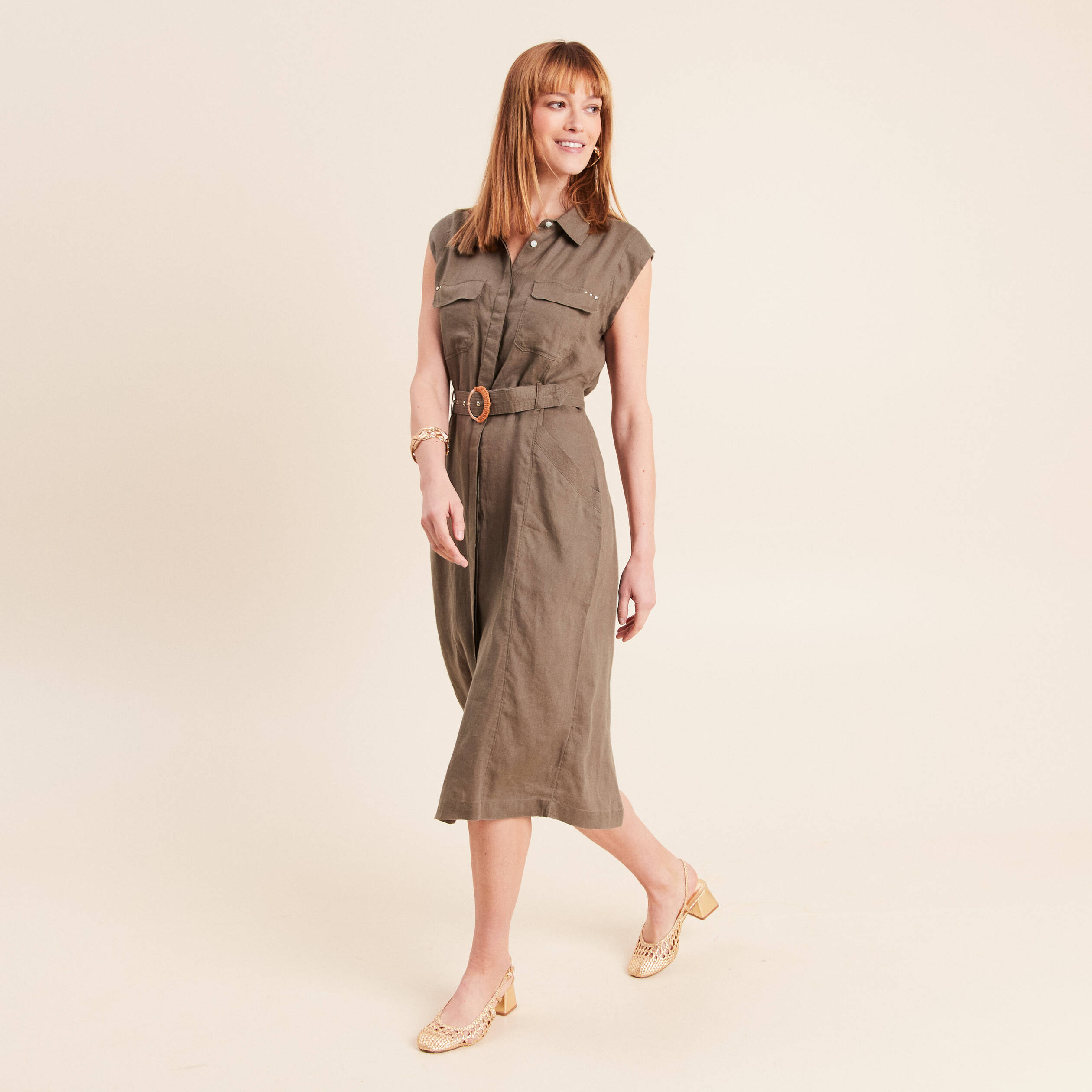 Robe &eacute;vas&eacute;e manches tr&egrave;s courtes vert kaki femme