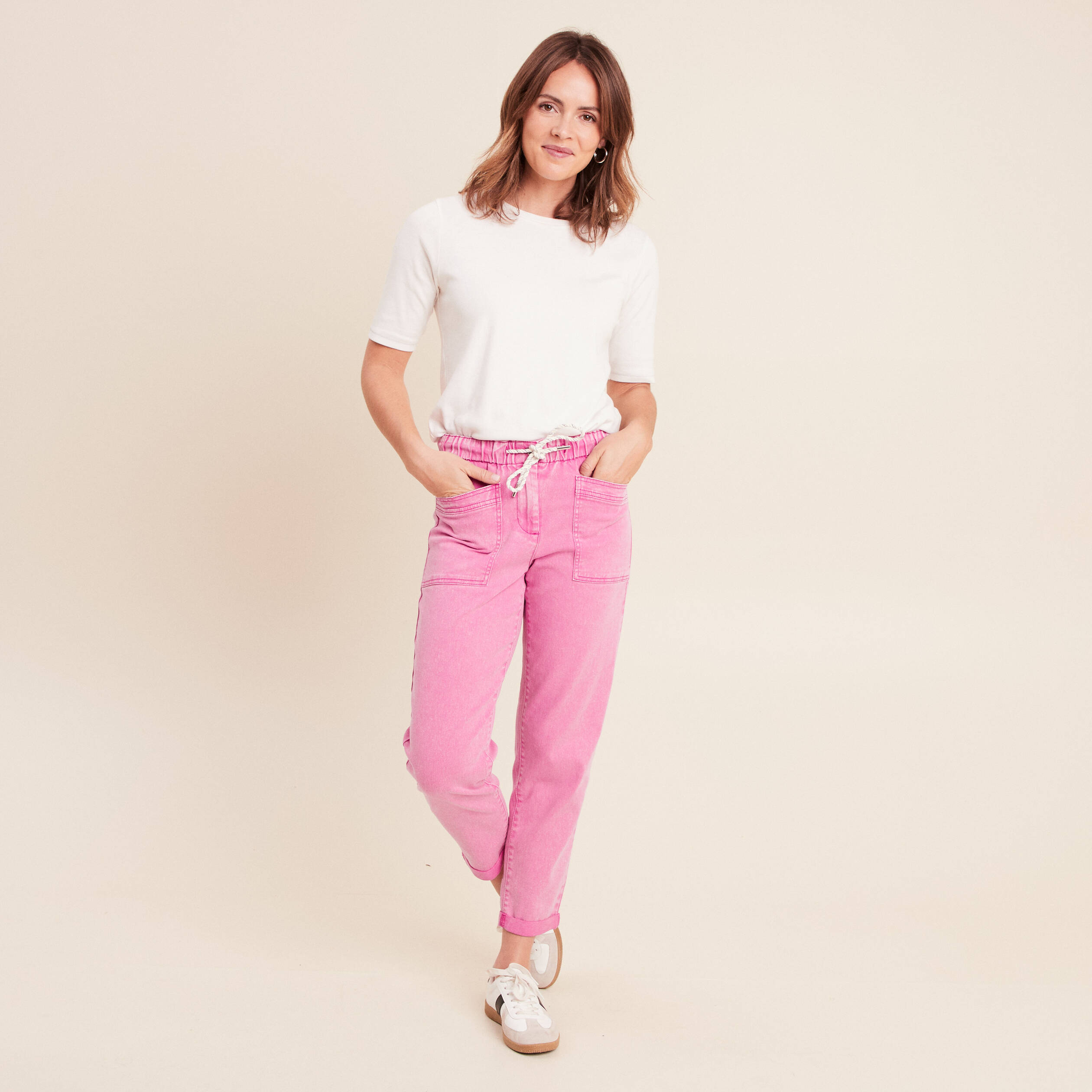 Jean coupe mom 7/8&egrave;me rose fushia femme