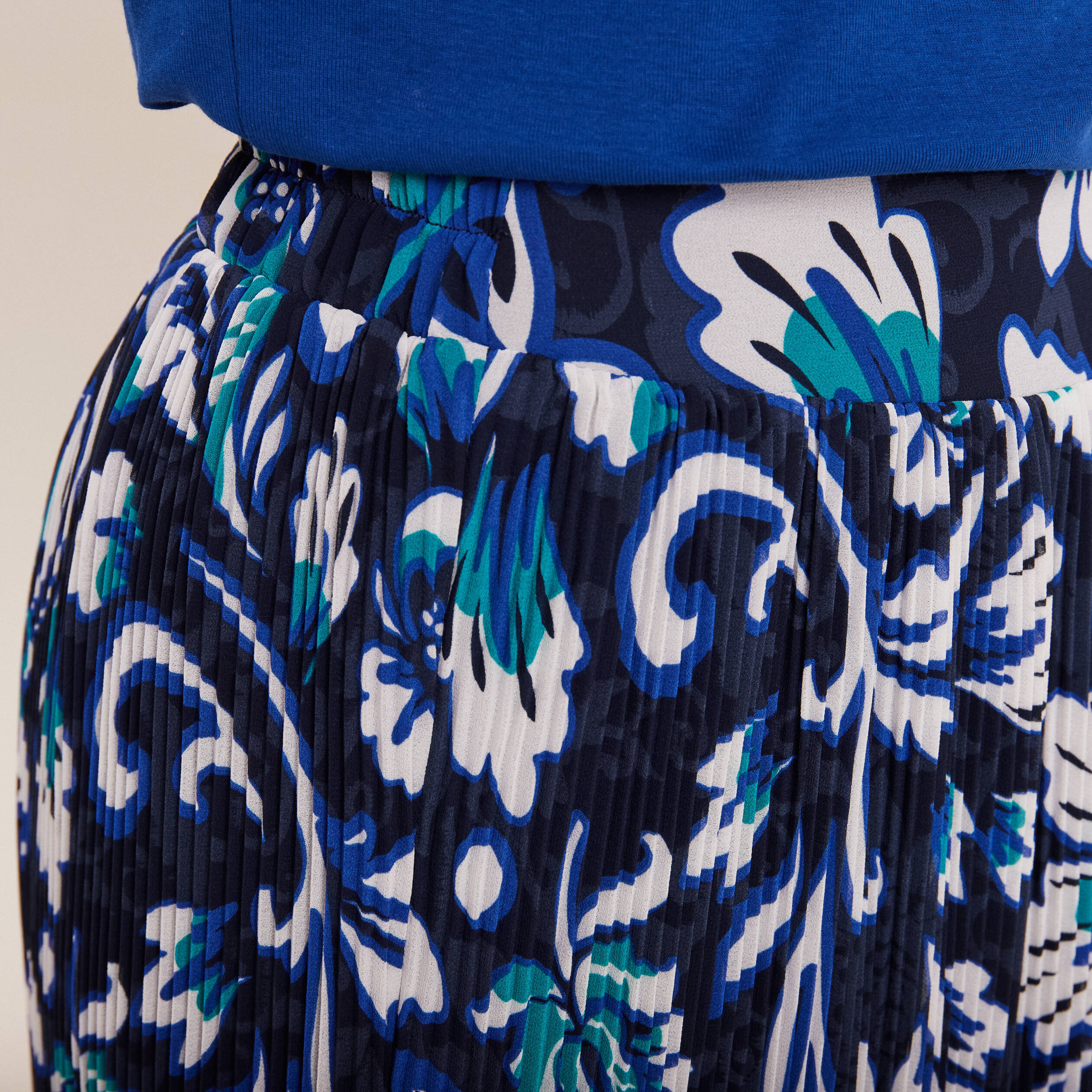 Jupe longue plissée imprimée bleu femme