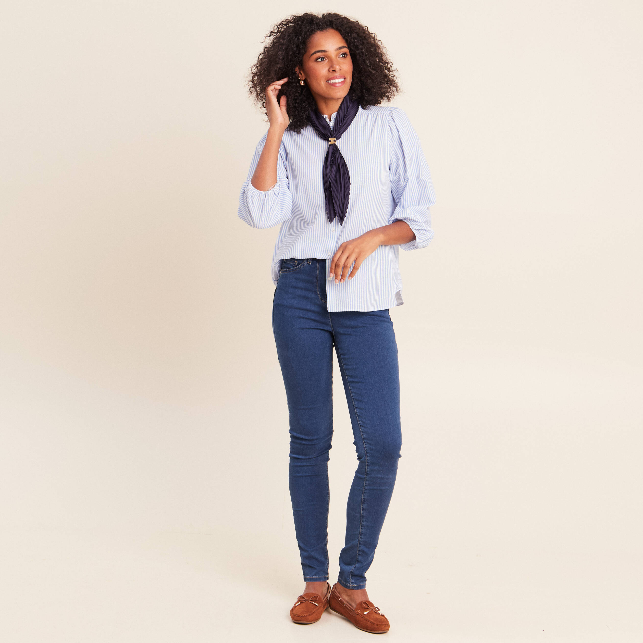 Chemise col montant manches 3/4 bleu femme