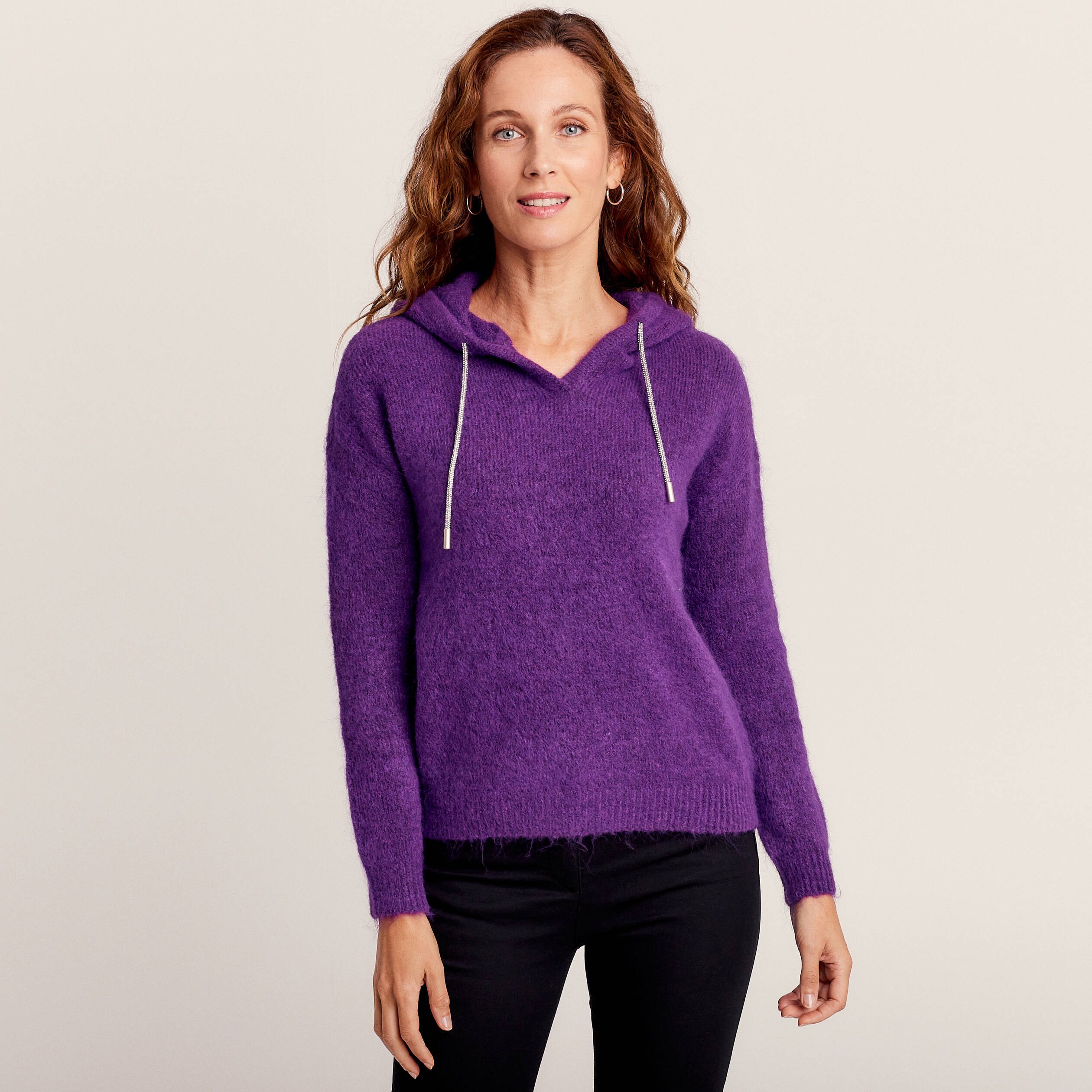 Pull manches longues a capuche violet fonce femme Breal
