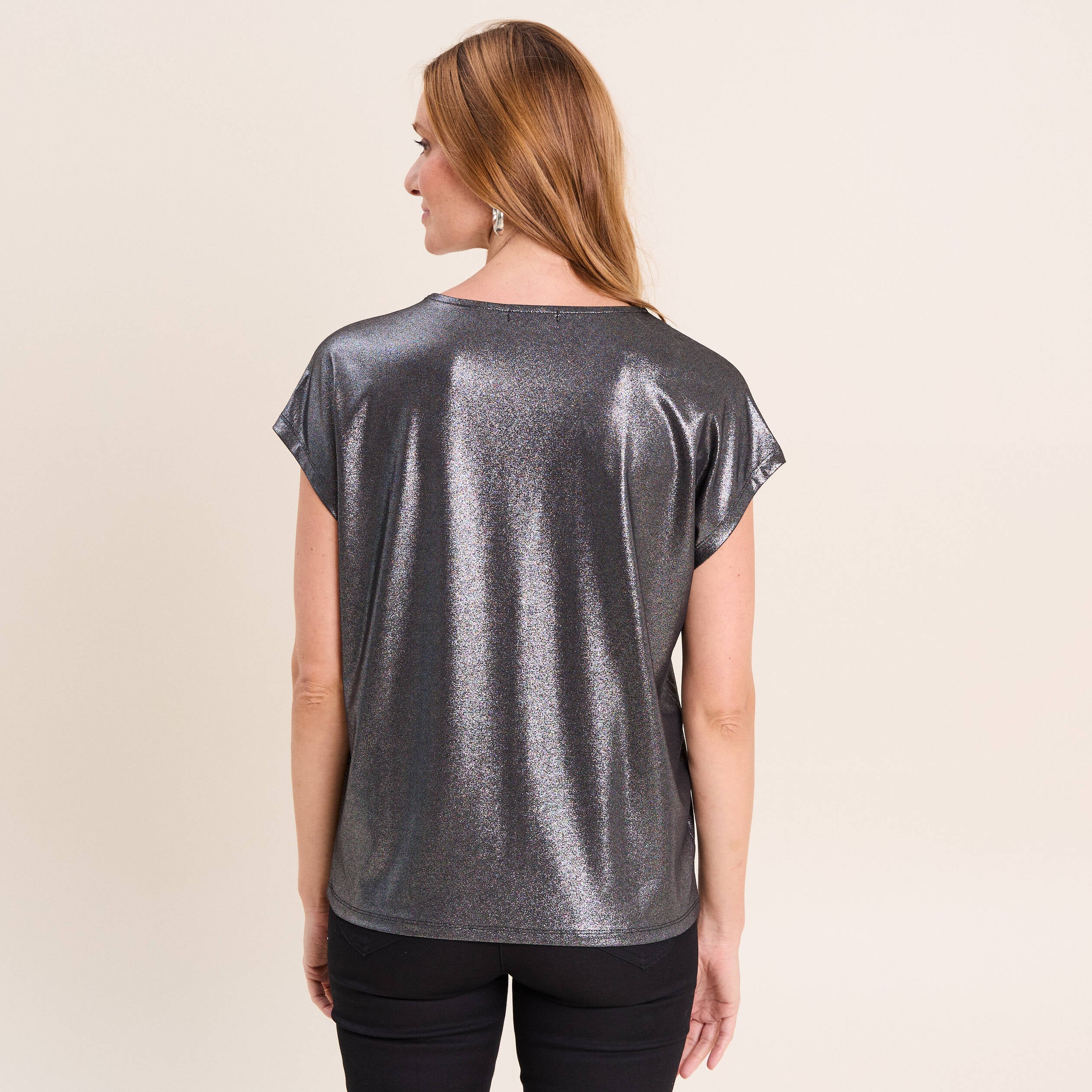 T-shirt col V manches courtes noir femme