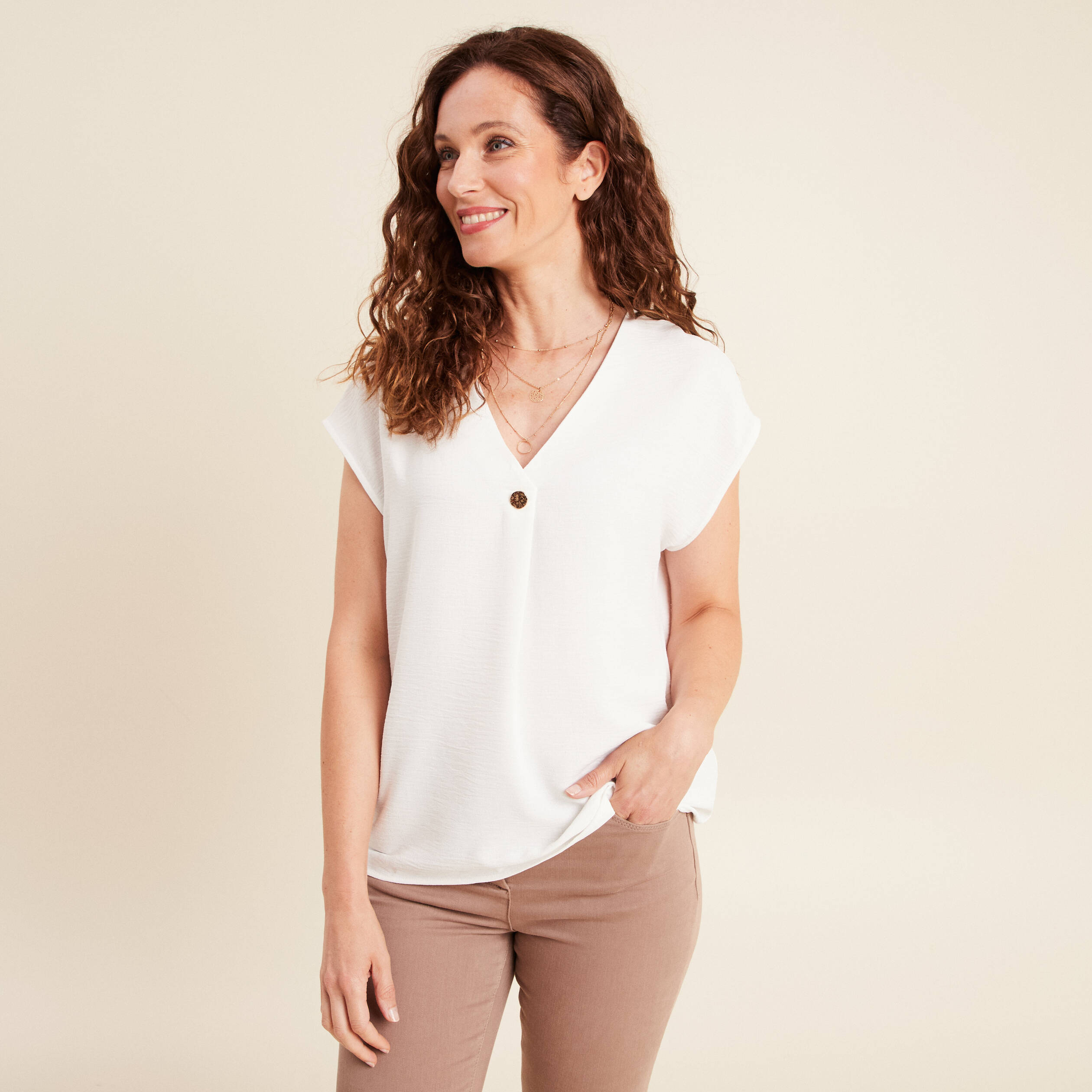Blouse manches courtes fluide ecru femme