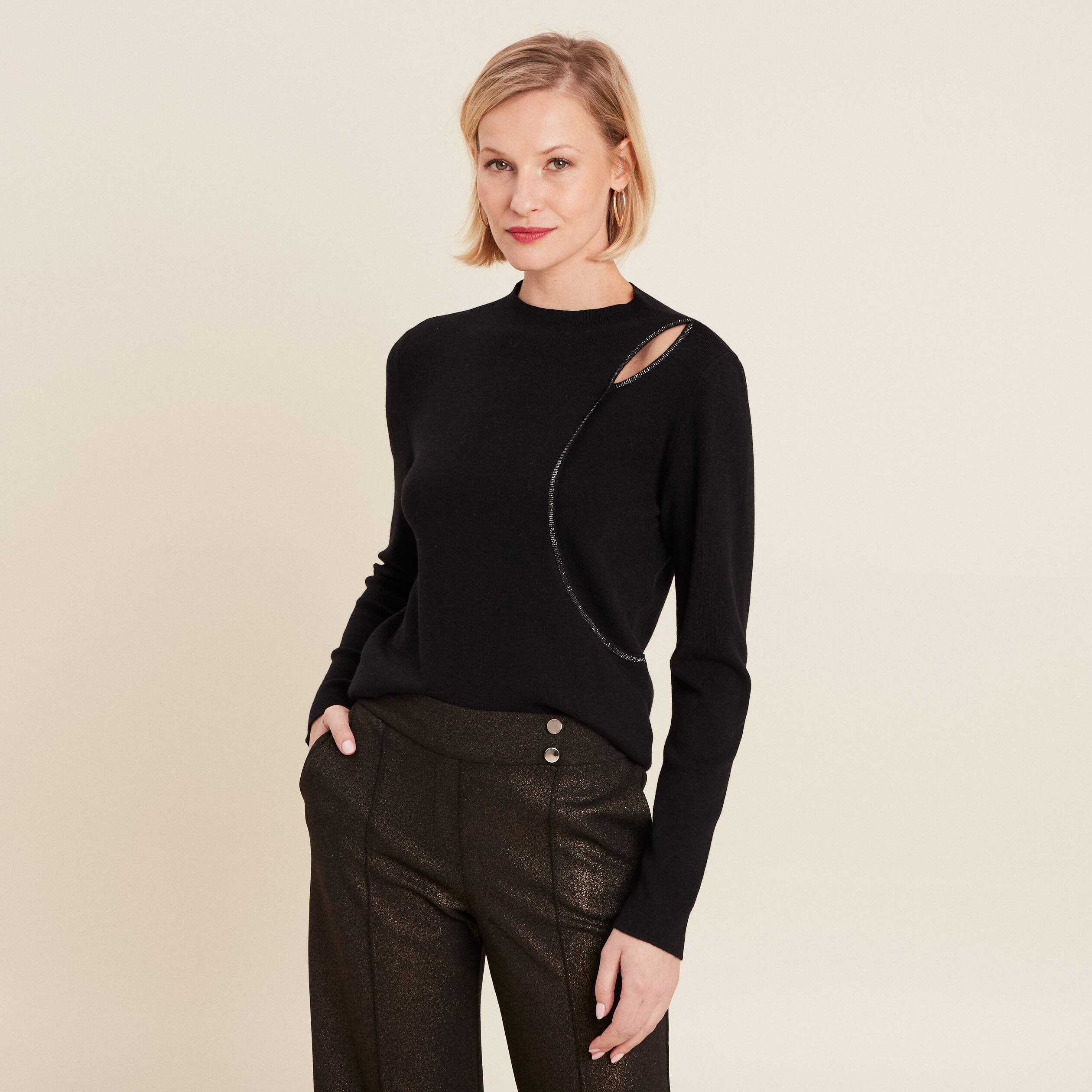 Pull manches longues strass noir femme Bréal