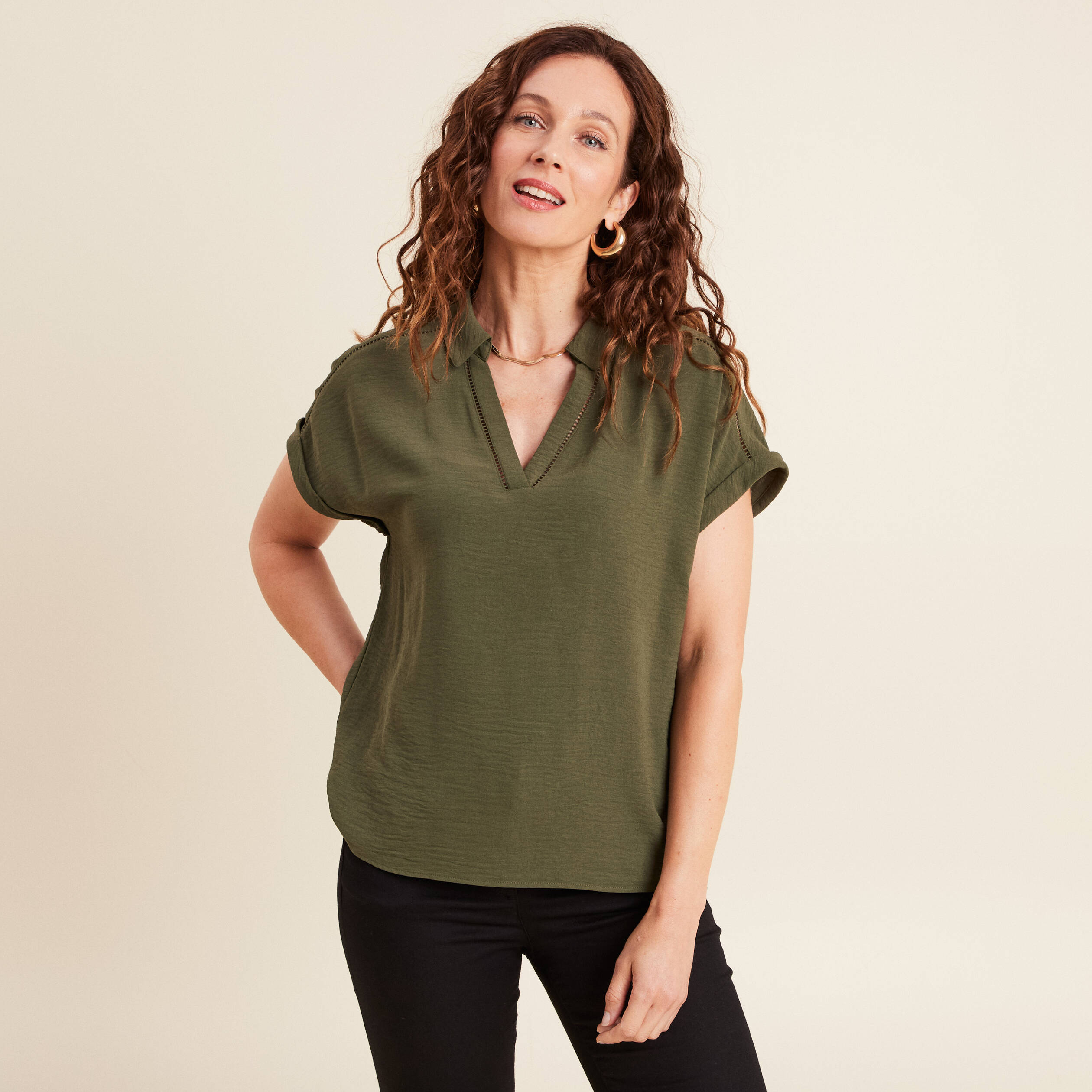 blouse manches courtes vert kaki femme Blouse manches courtes vert kaki femme