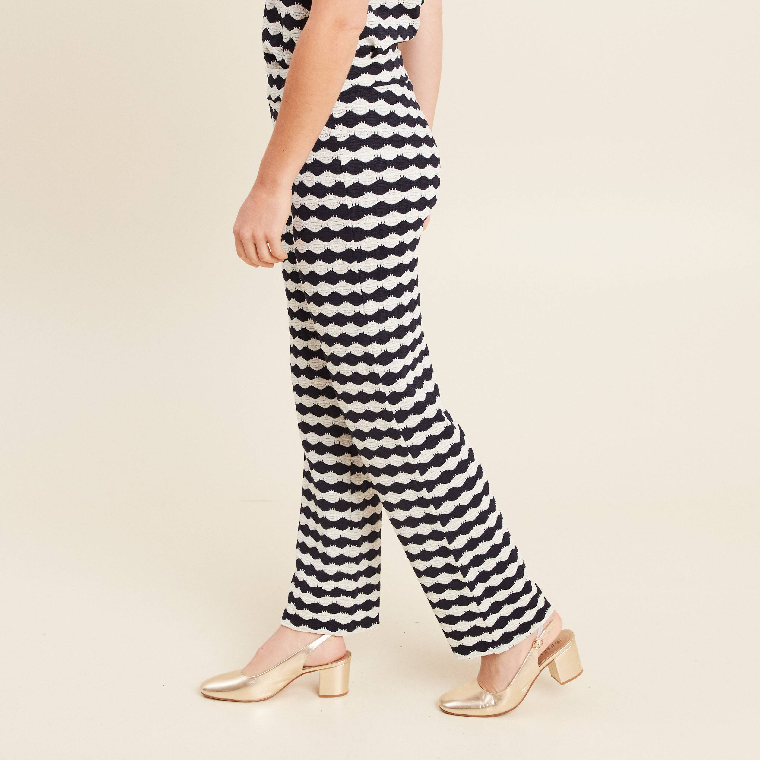 Pantalon large taille haute bleu marine femme