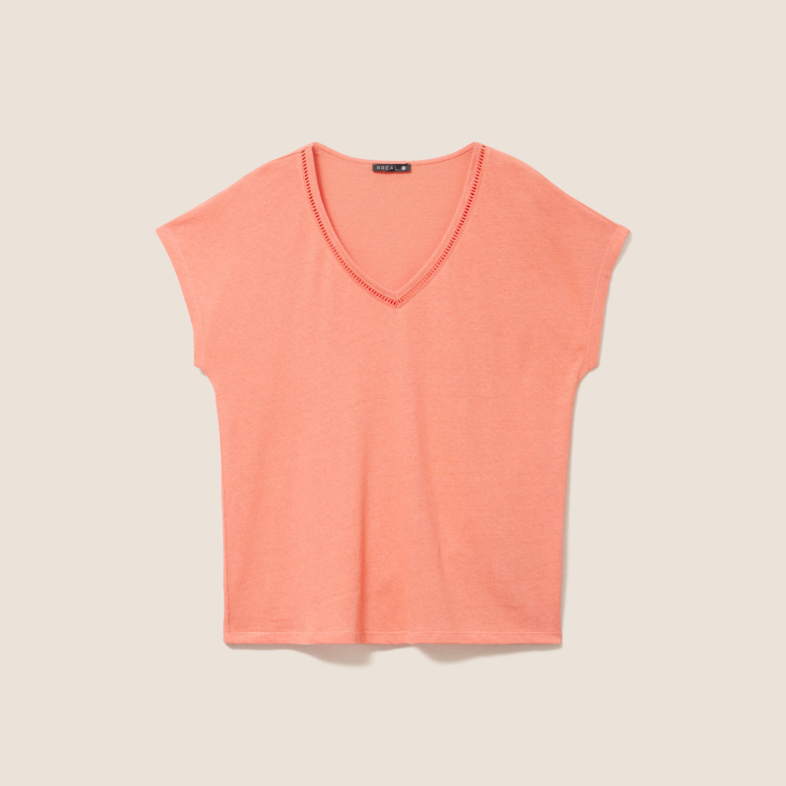 T-shirt col v manches courtes aspect lin orange fluo femme