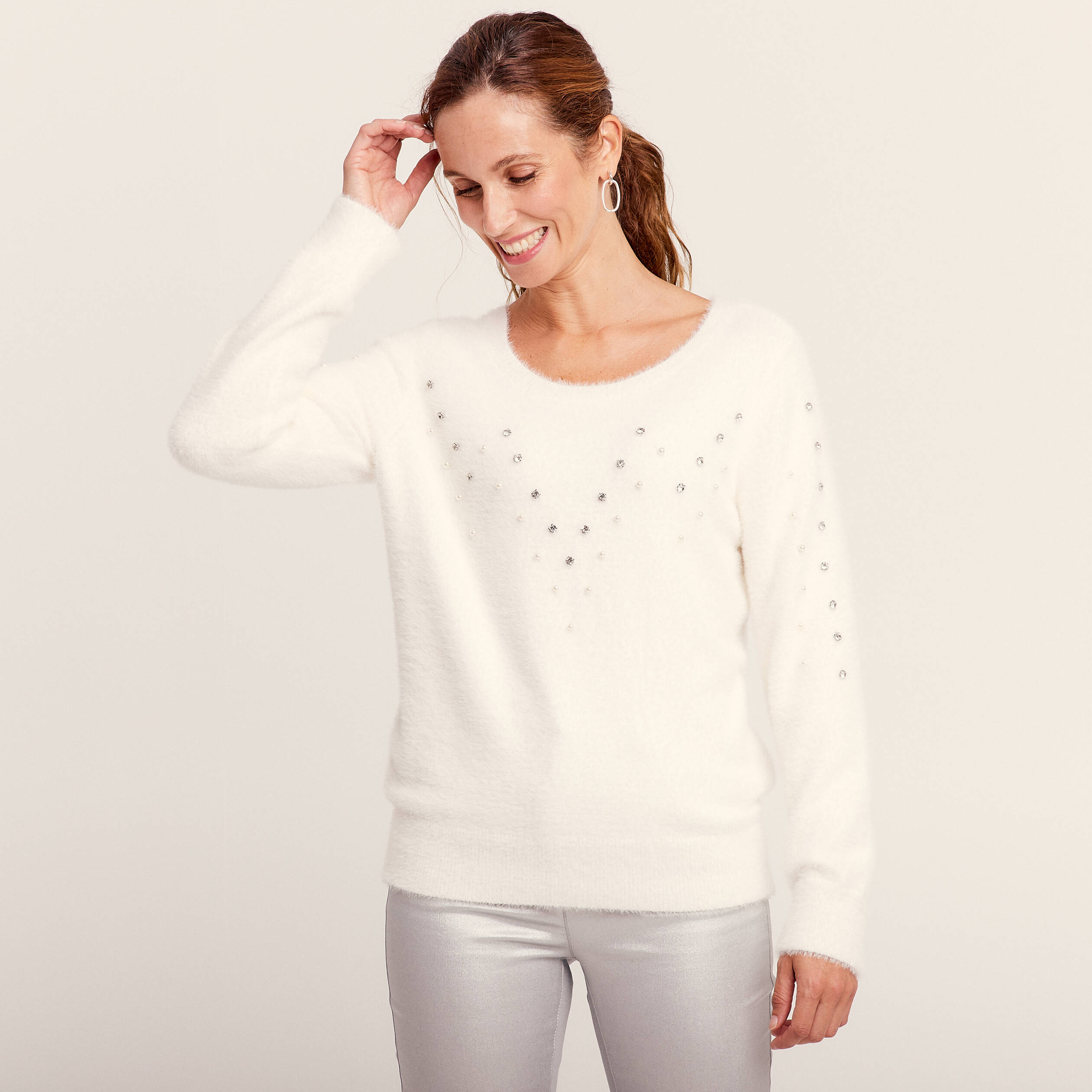 Pull manches longues strass ecru femme