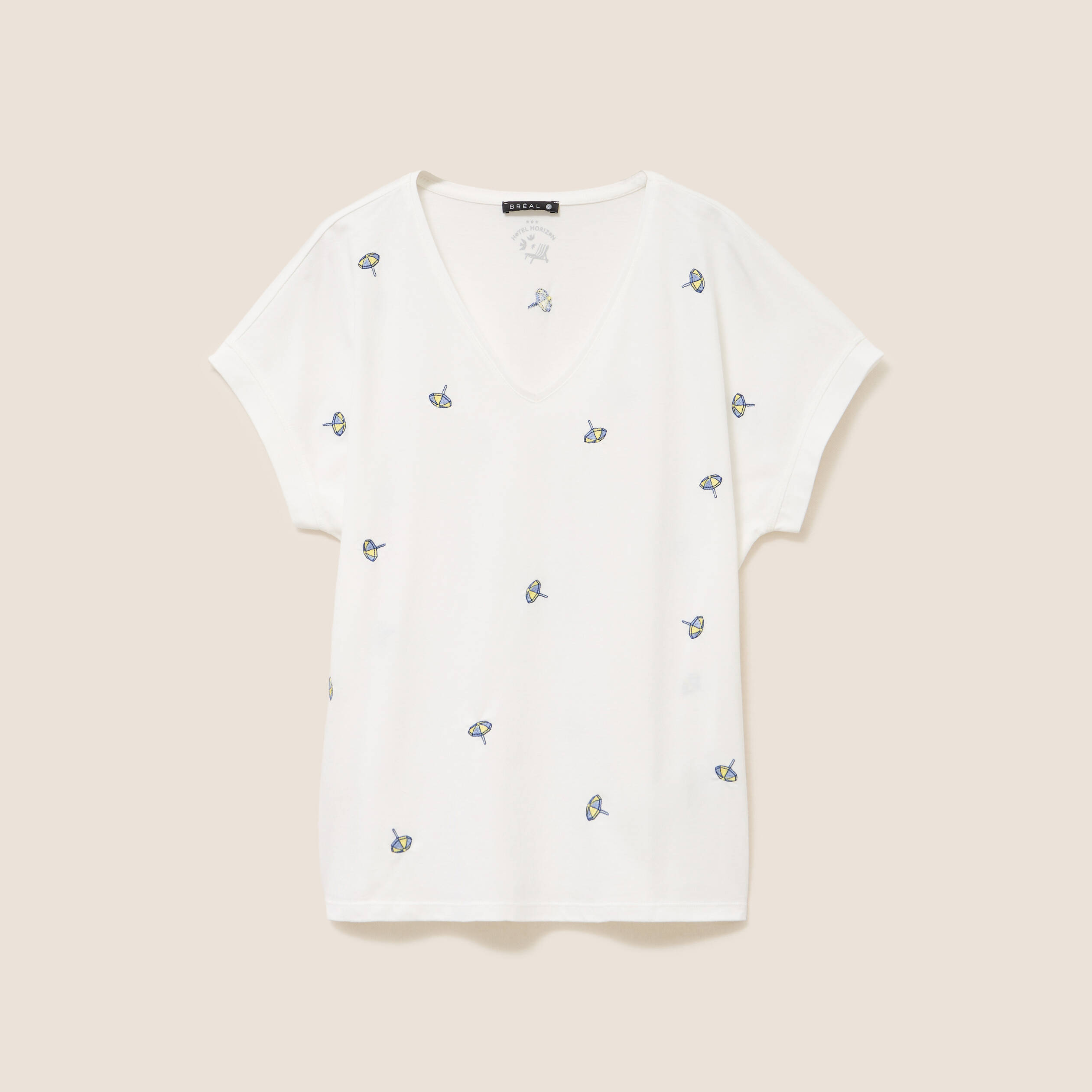 T-shirt col v broderie manches courtes ecru femme