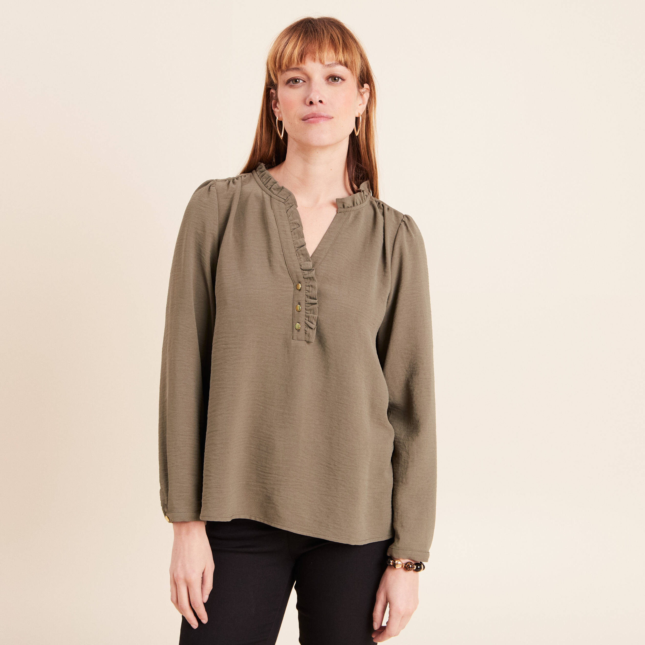 Blouse manches longues col ras du cou vert kaki femme