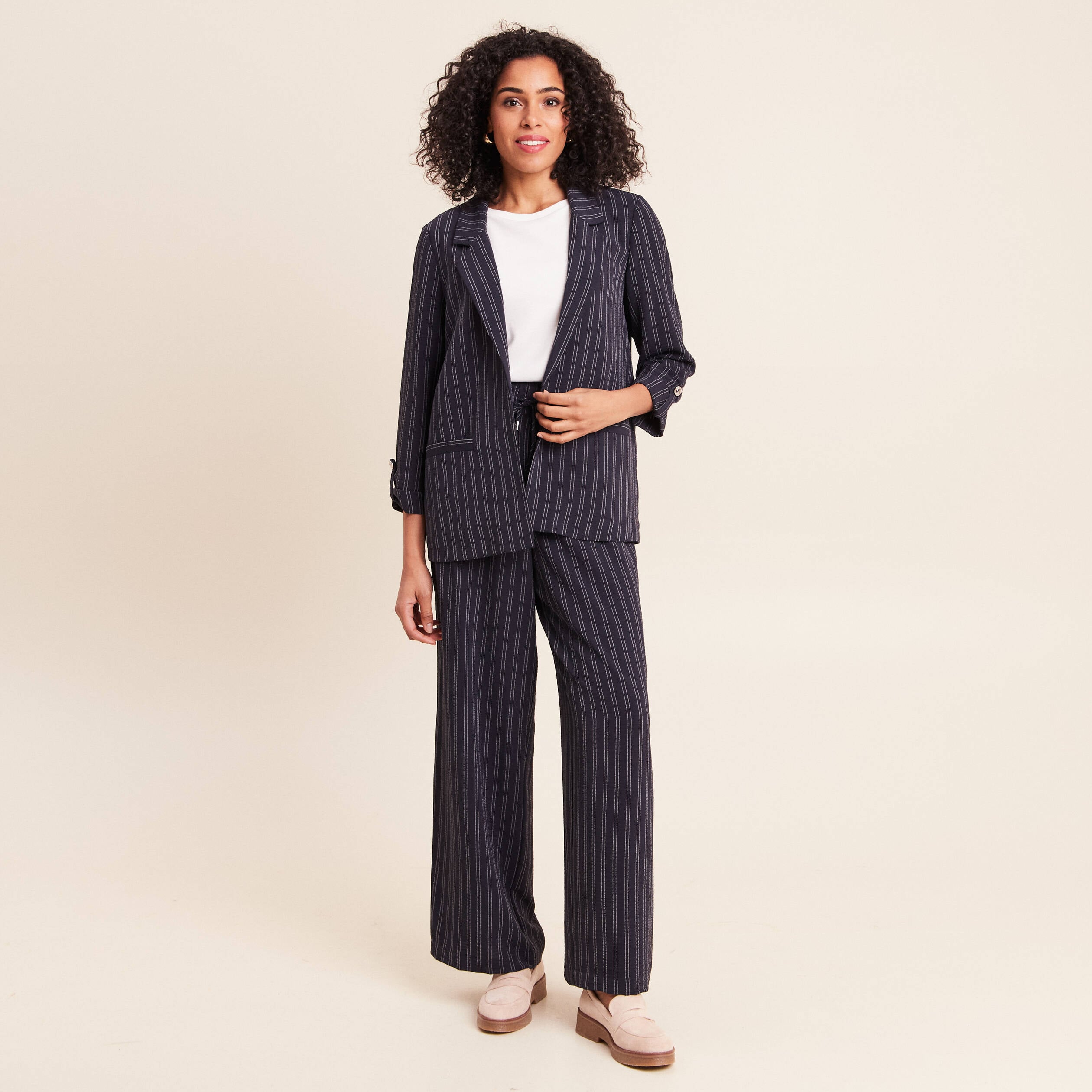 Veste longue droite col tailleur bleu femme
