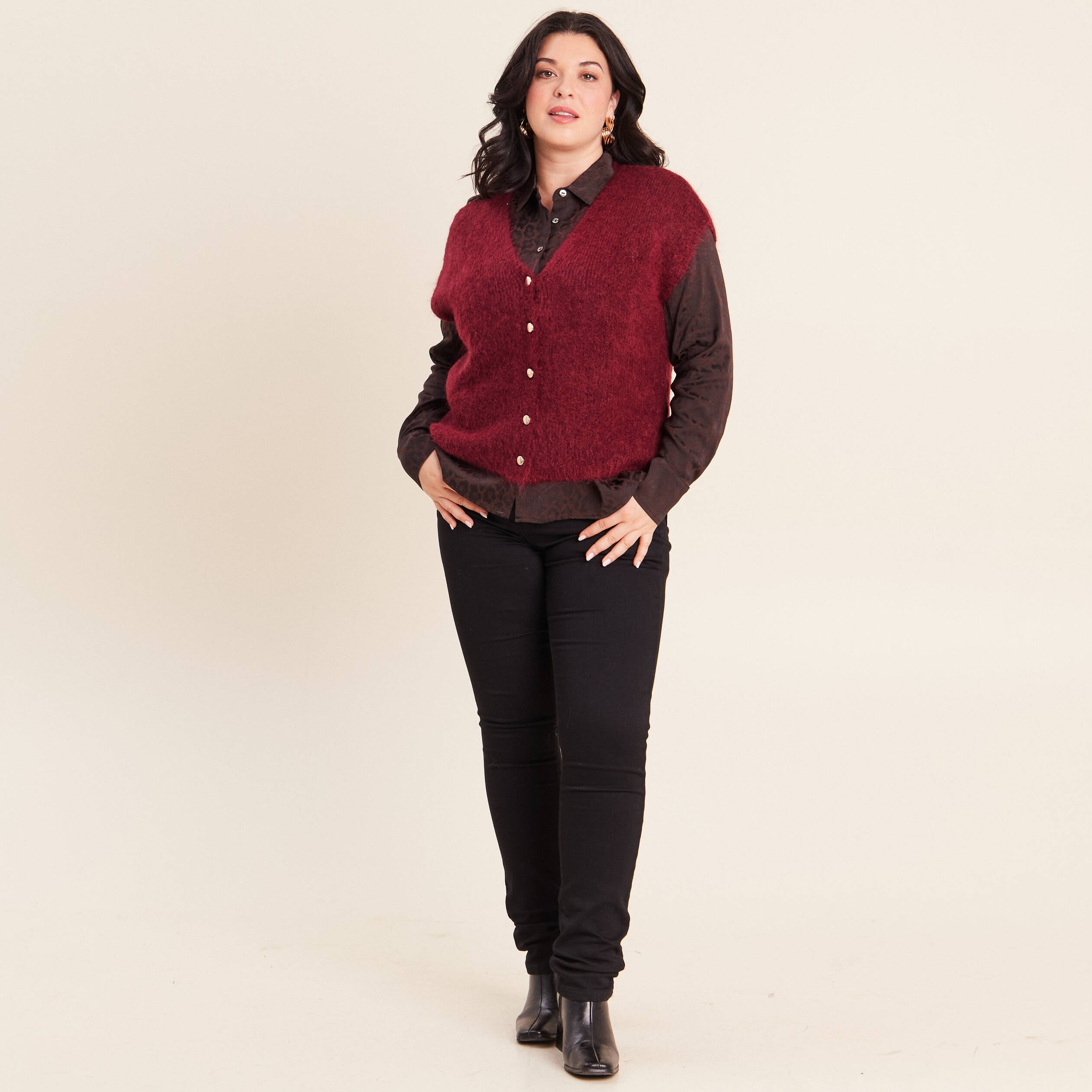 Gilet droit mi-long col v bordeaux femme