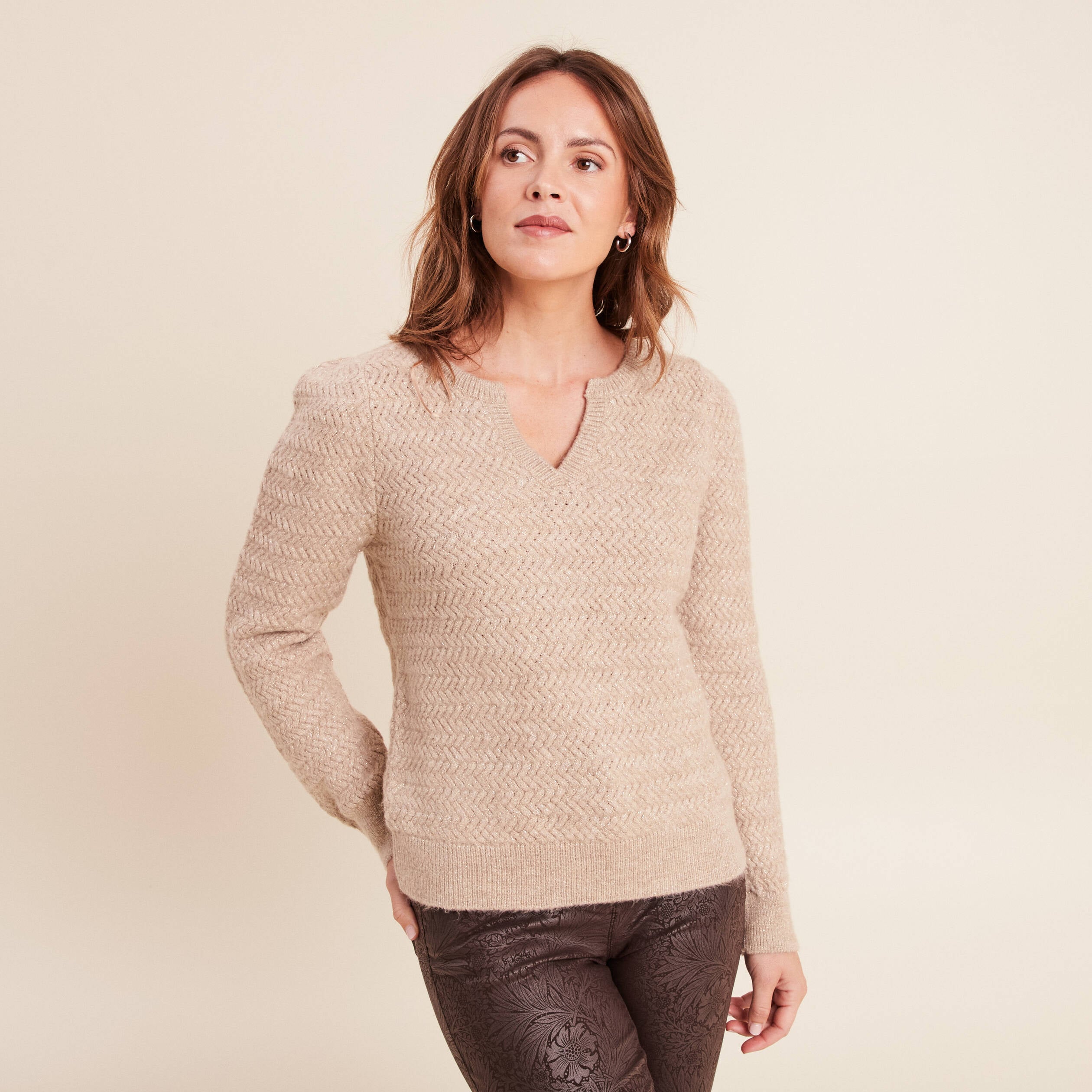 Pull col tunisien manches longues beige femme