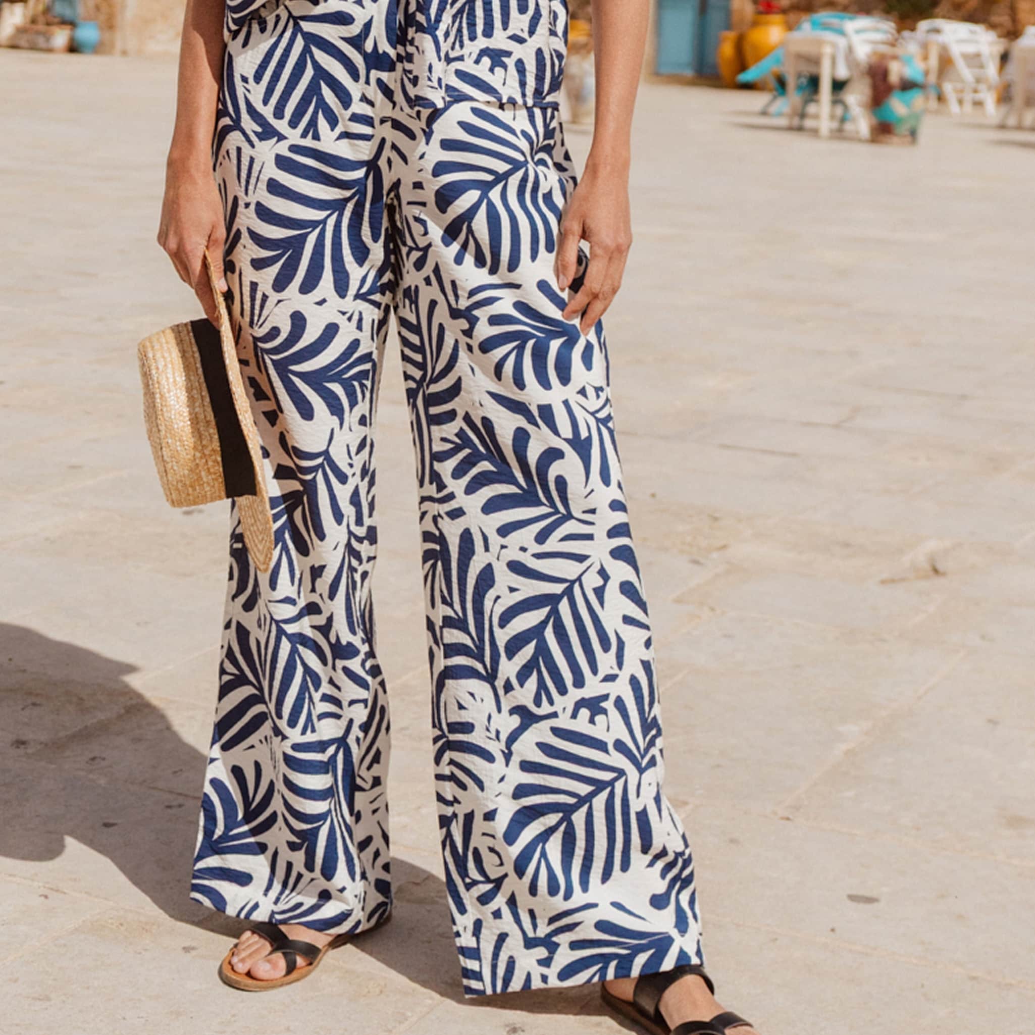 Pantalon flou taille haute blanc femme