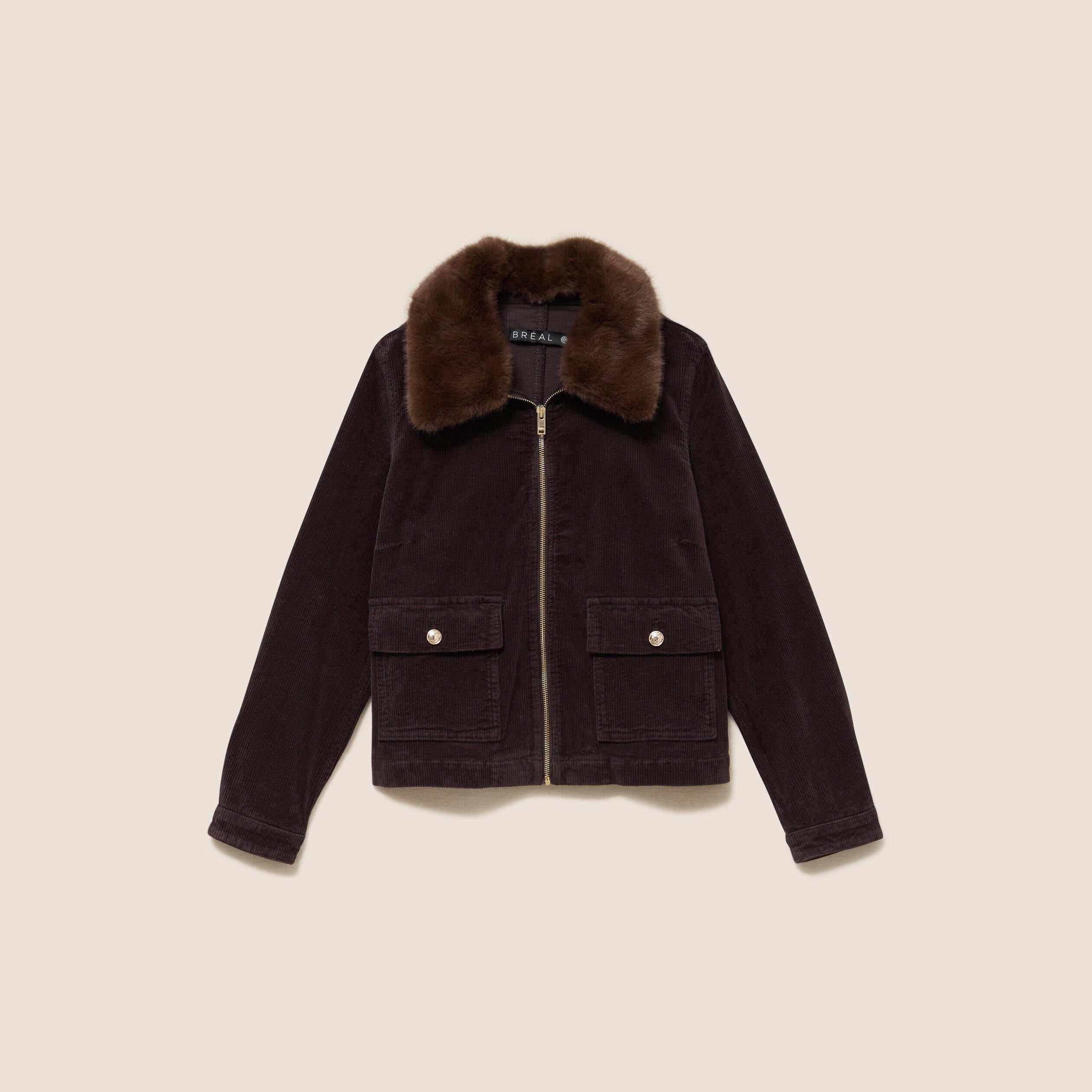 Blouson droit velours manches longues marron fonc&eacute; femme