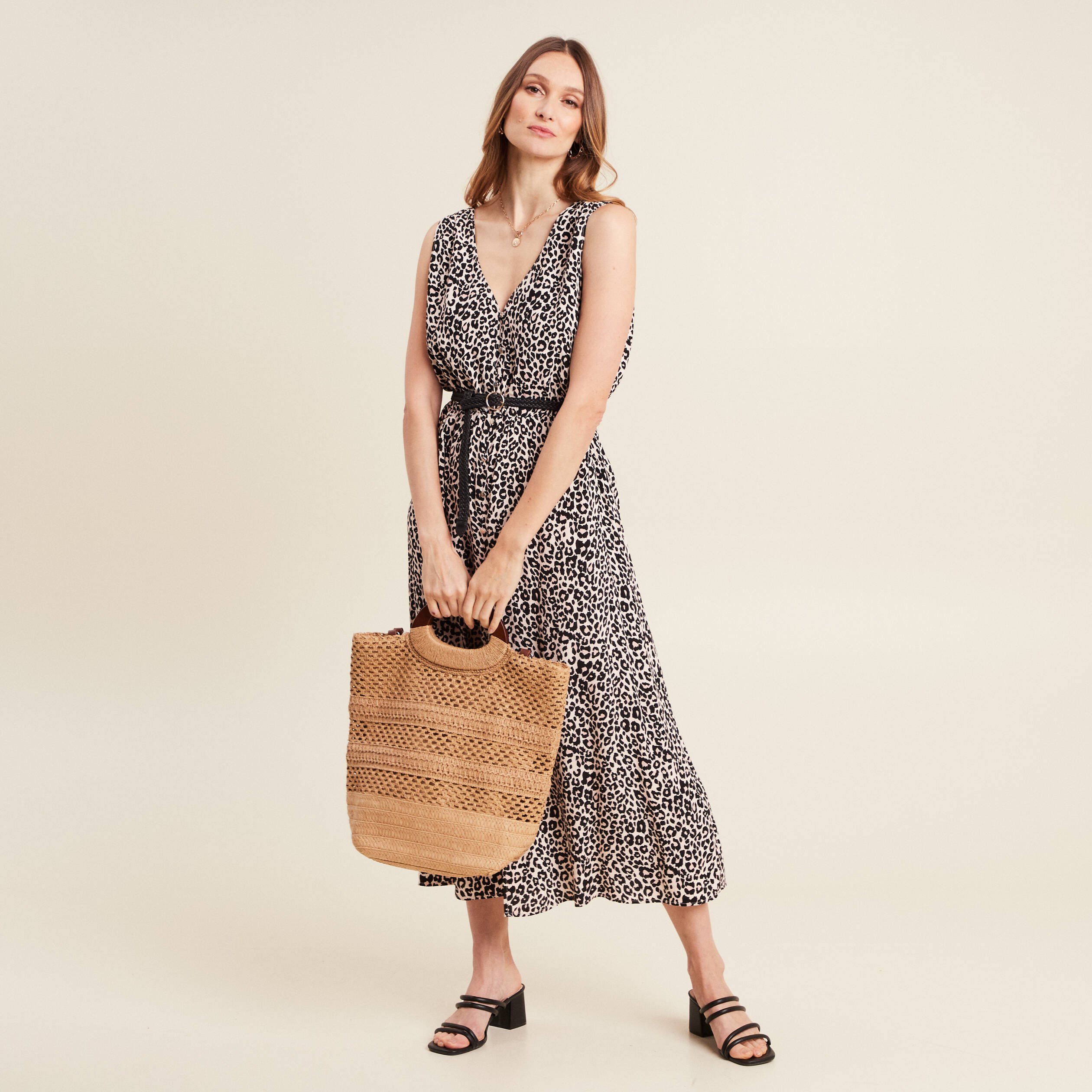 Robe midi évasée ceinturée rose pastel femme