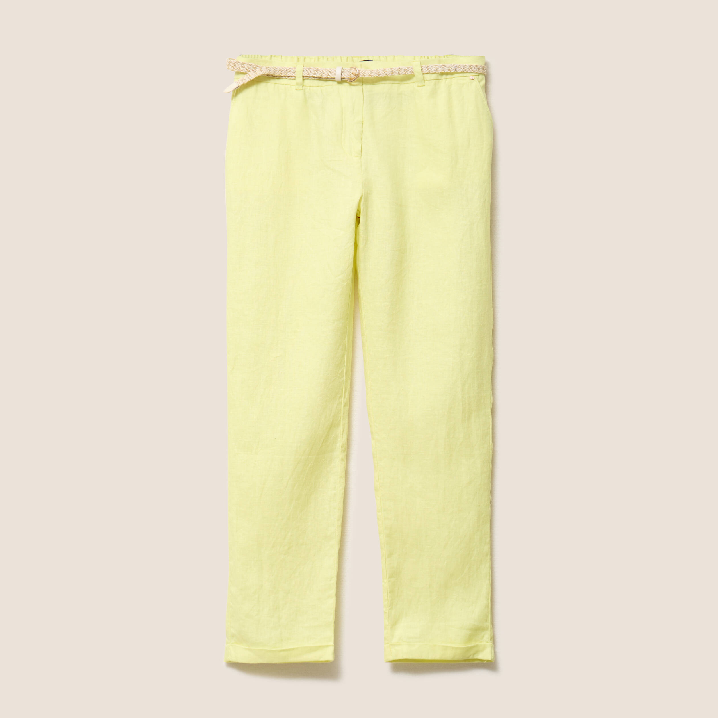 Pantalon coupe chino en lin ceintur&eacute; jaune clair femme